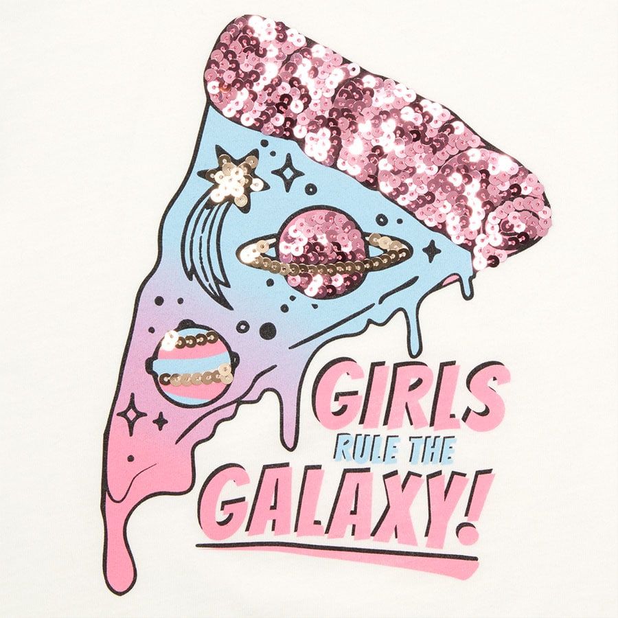 Girls Short Sleeve 'Girls Rule The Galaxy' Sequin Pizza Graphic Top. Graphic top, Graphic, Power girl costume
