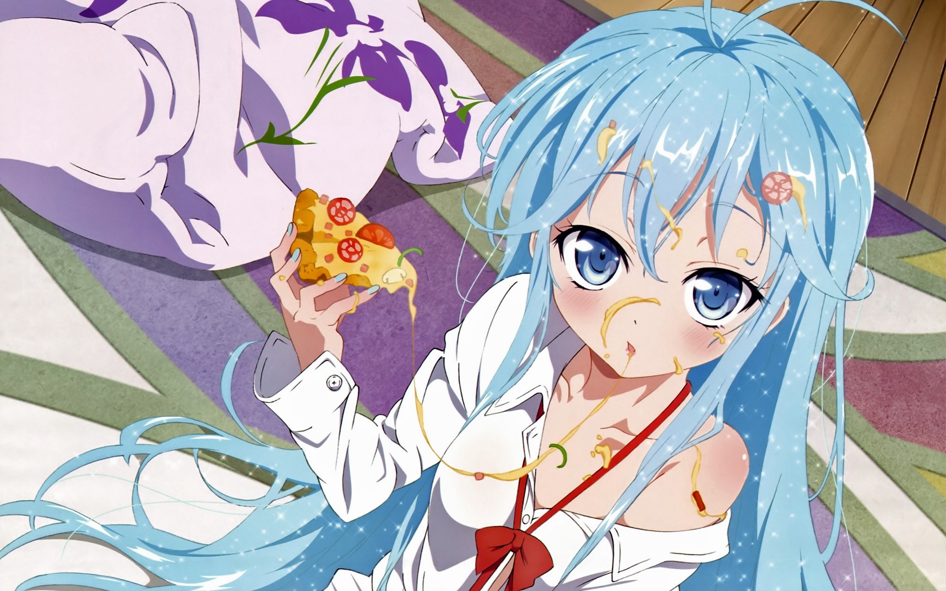 Wallpaper, anime, girl, piece, pizza, dirty, cheese 1920x1200