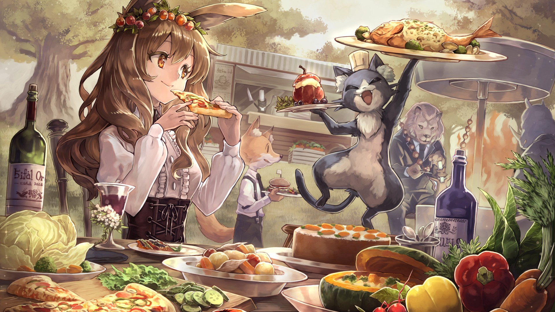 Download 1920x1080 Cute Anime Girl, Feast, Pizza, Fruits, Vegetables, Cute Creature, Animal Ears Wallpaper for Widescreen