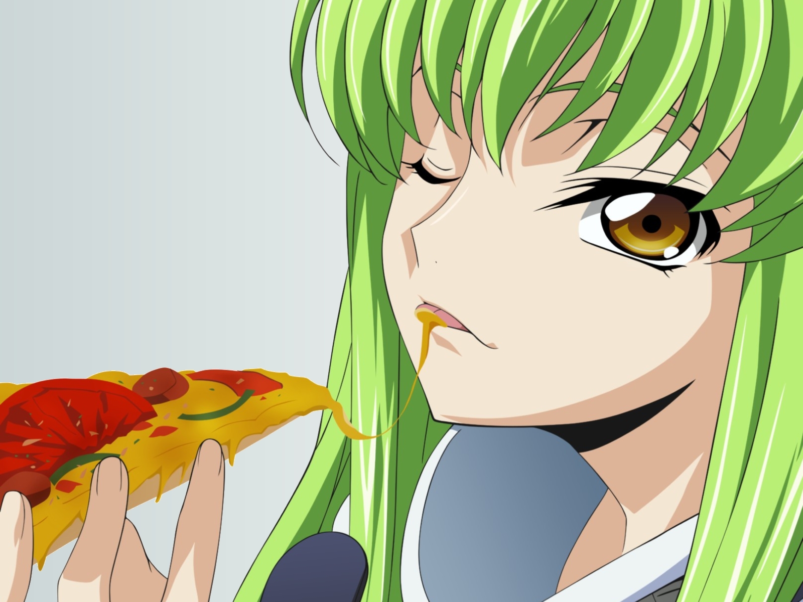 Wallpaper, Code Geass, food, pizza, anime girls eating, green hair, anime girls 1600x1200