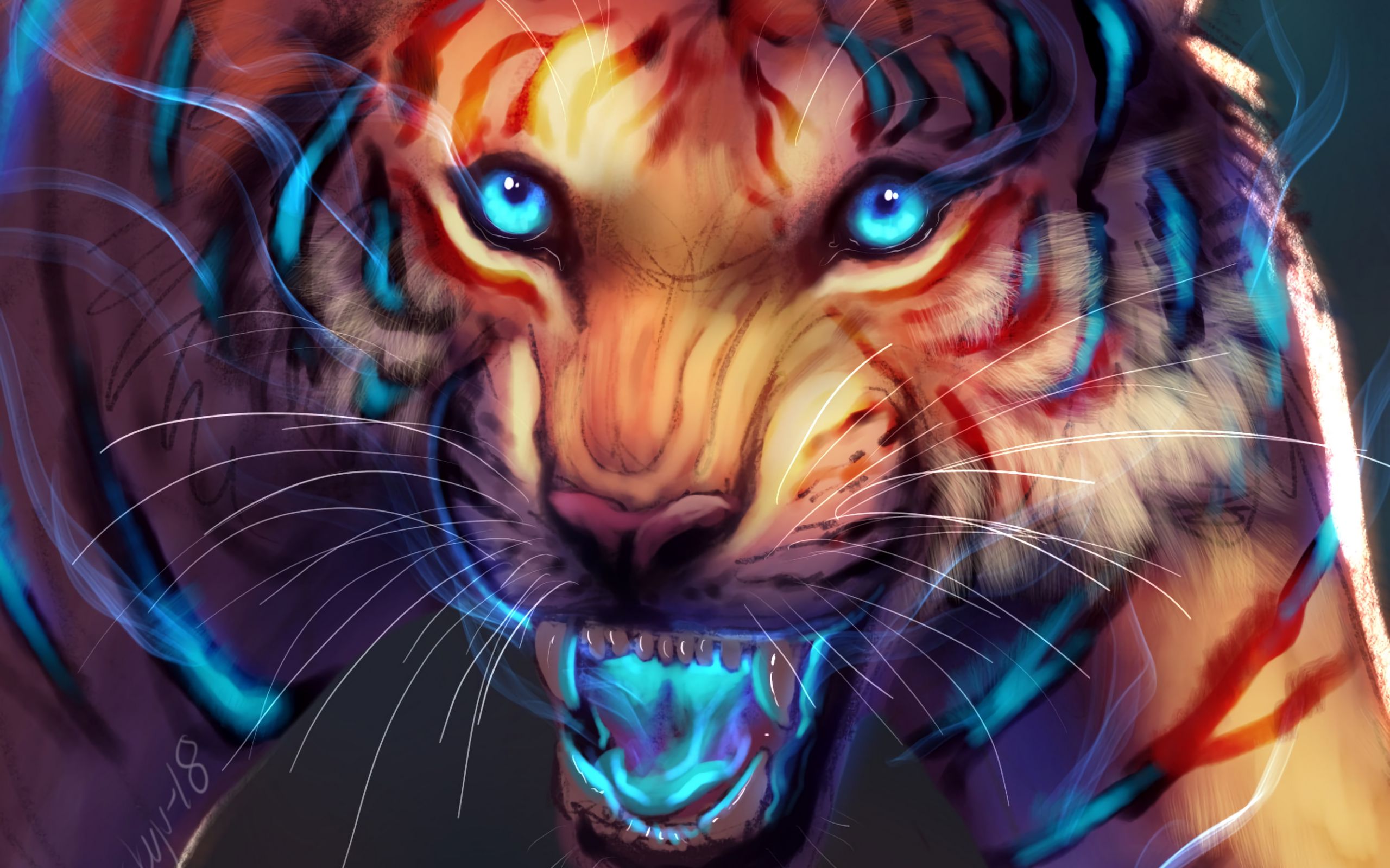 Download wallpaper 2560x1600 tiger, art, grin, glow, muzzle, predator widescreen 16:10 HD background