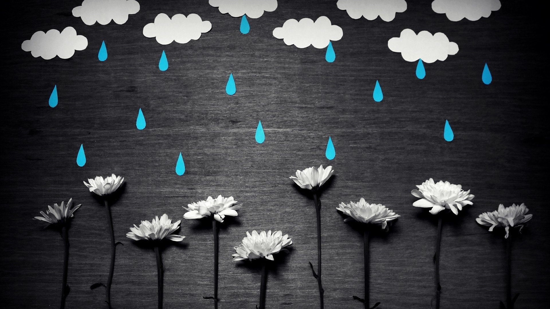 minimalism, Simple, Simple background, Flowers, Clouds, Rain, Water drops, Paper, Selective coloring, Handicraft Wallpaper HD / Desktop and Mobile Background