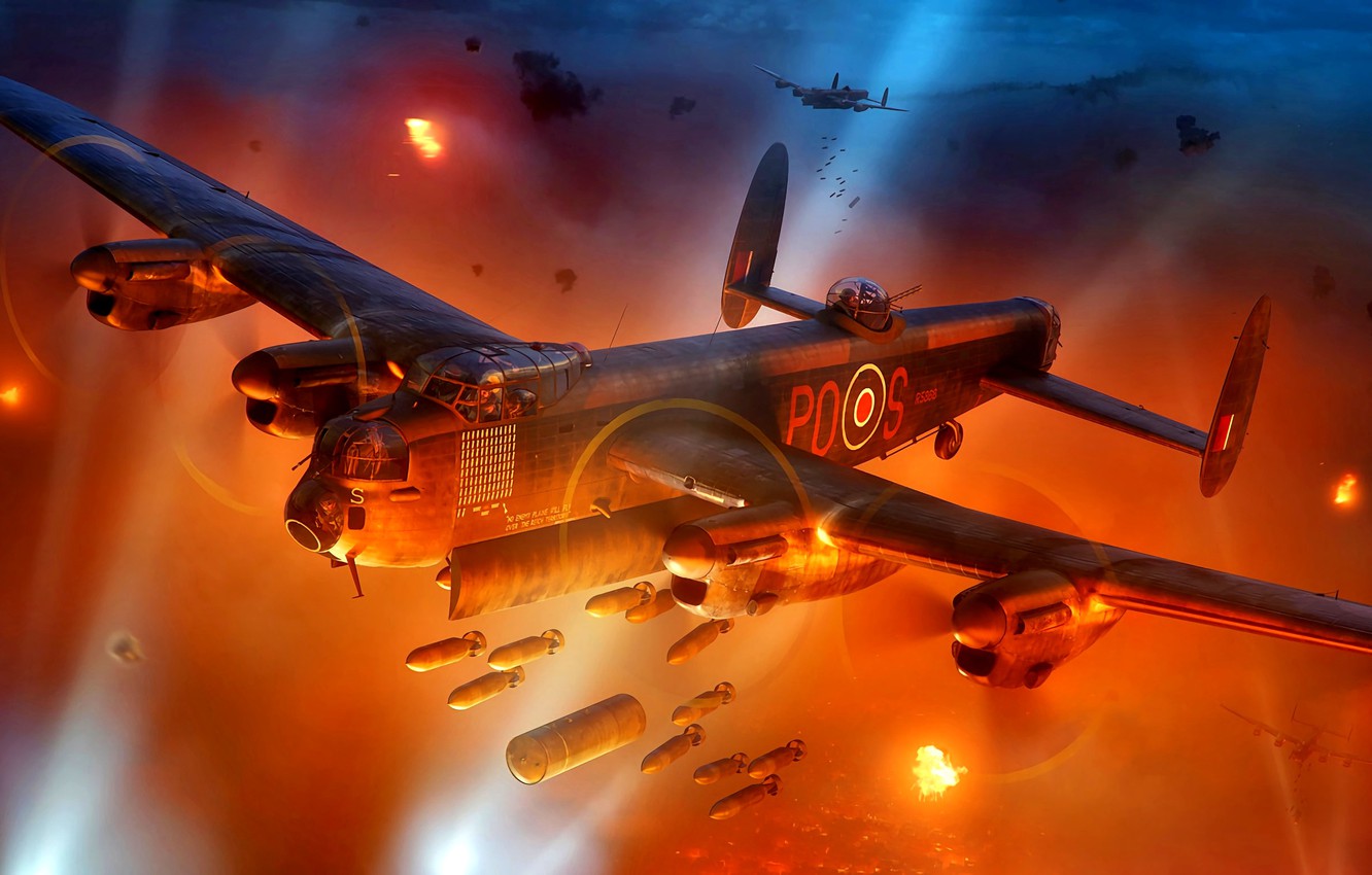 Wallpaper night, Fire, Avro, heavy bomber, the beams from the spotlights, WWII, bombs, 683 Lancaster, the bombing of Germany image for desktop, section авиация
