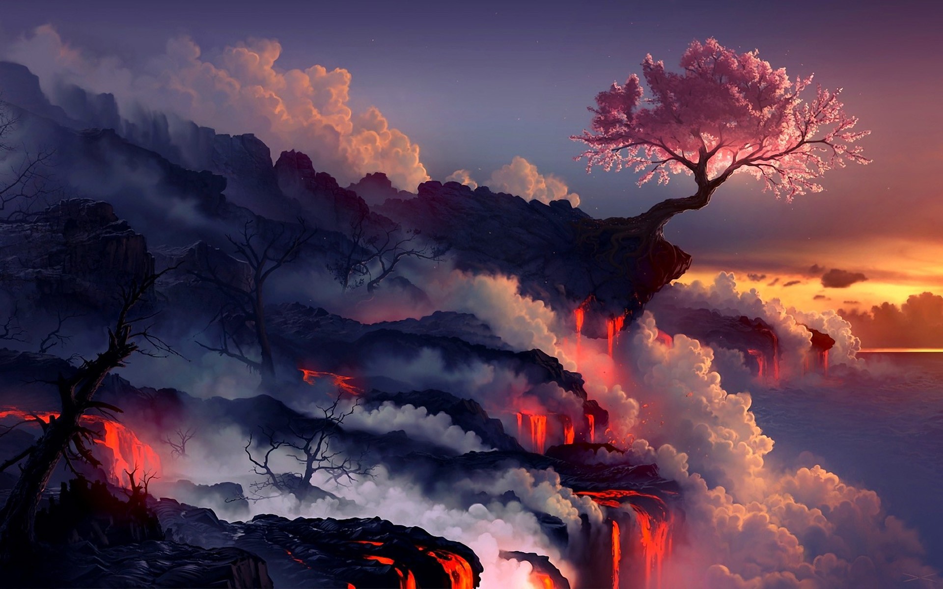 digital Art, Cherry Blossom, Lava Wallpaper HD / Desktop and Mobile Background