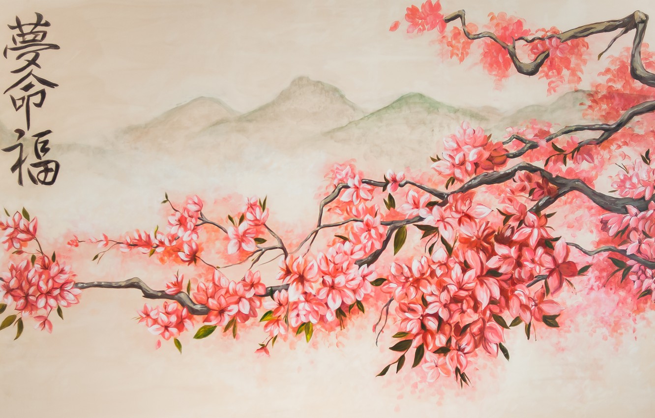 Wallpaper mountains, spring, Sakura, art, flowering image for desktop, section живопись