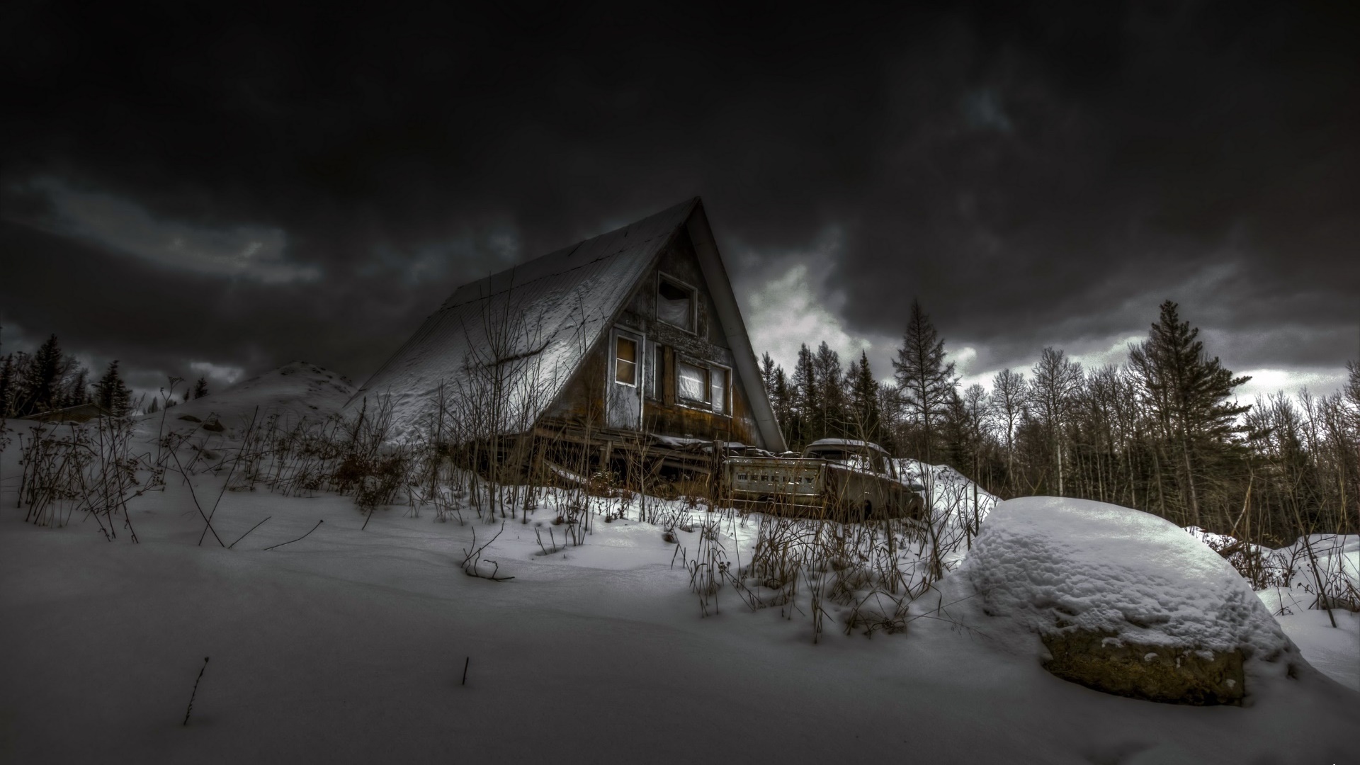 Wallpaper, dark, house, sky, winter, cold, snow 1920x1080