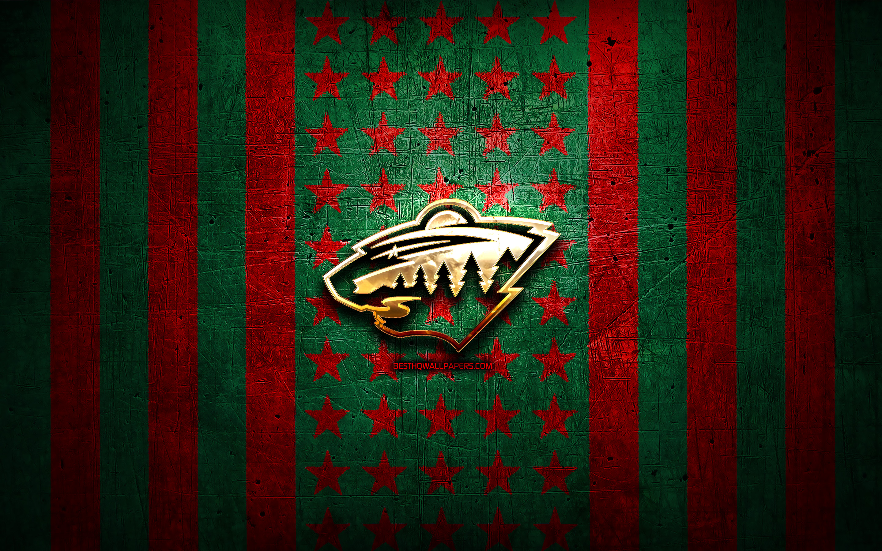 Download wallpaper Minnesota Wild flag, NHL, red green metal background, american hockey team, Minnesota Wild logo, USA, hockey, golden logo, Minnesota Wild for desktop with resolution 2880x1800. High Quality HD picture wallpaper