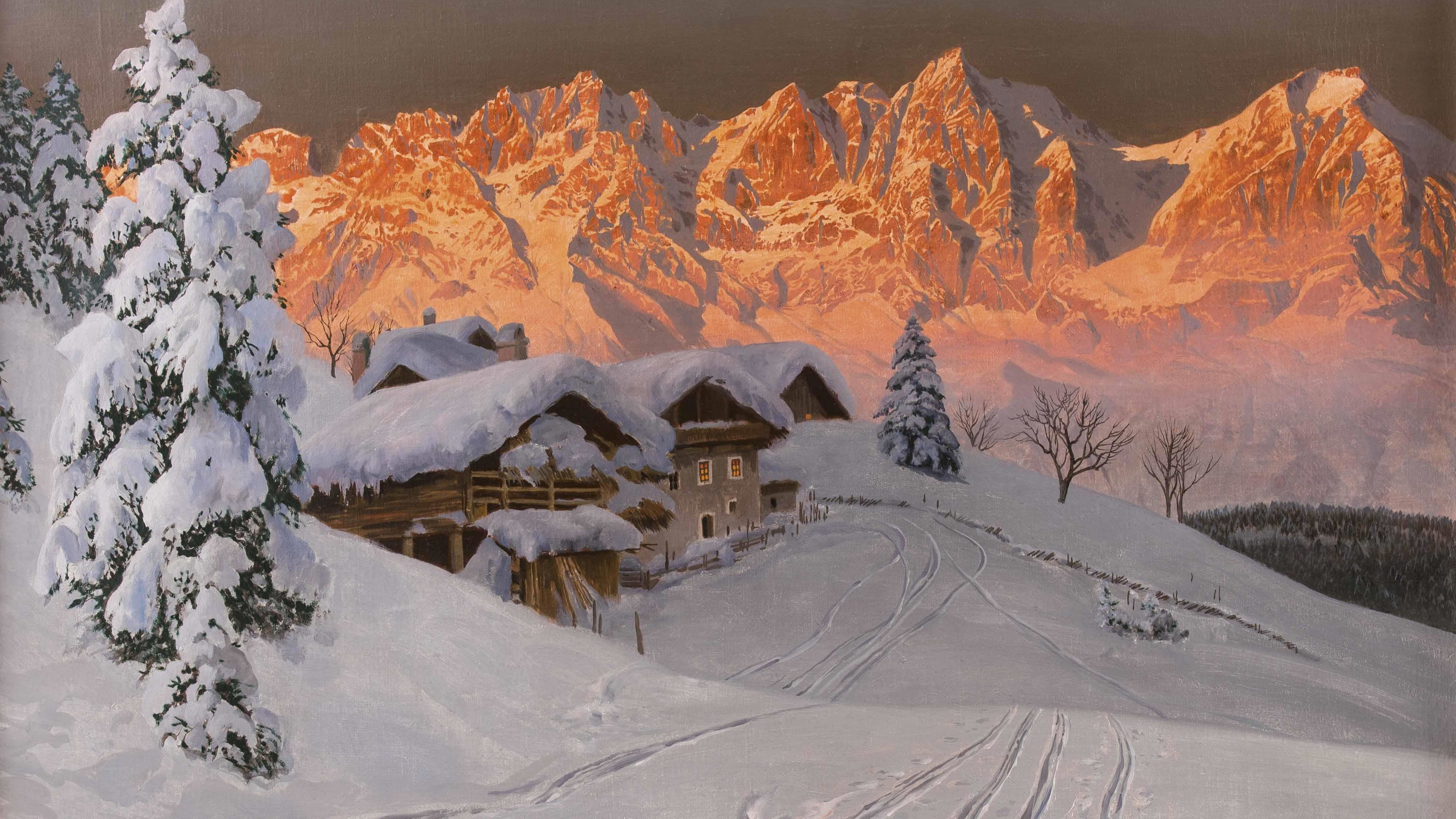 Download Mountains, winter, landscape, art wallpaper, 3840x2160, 4K UHD 16:9, Widescreen