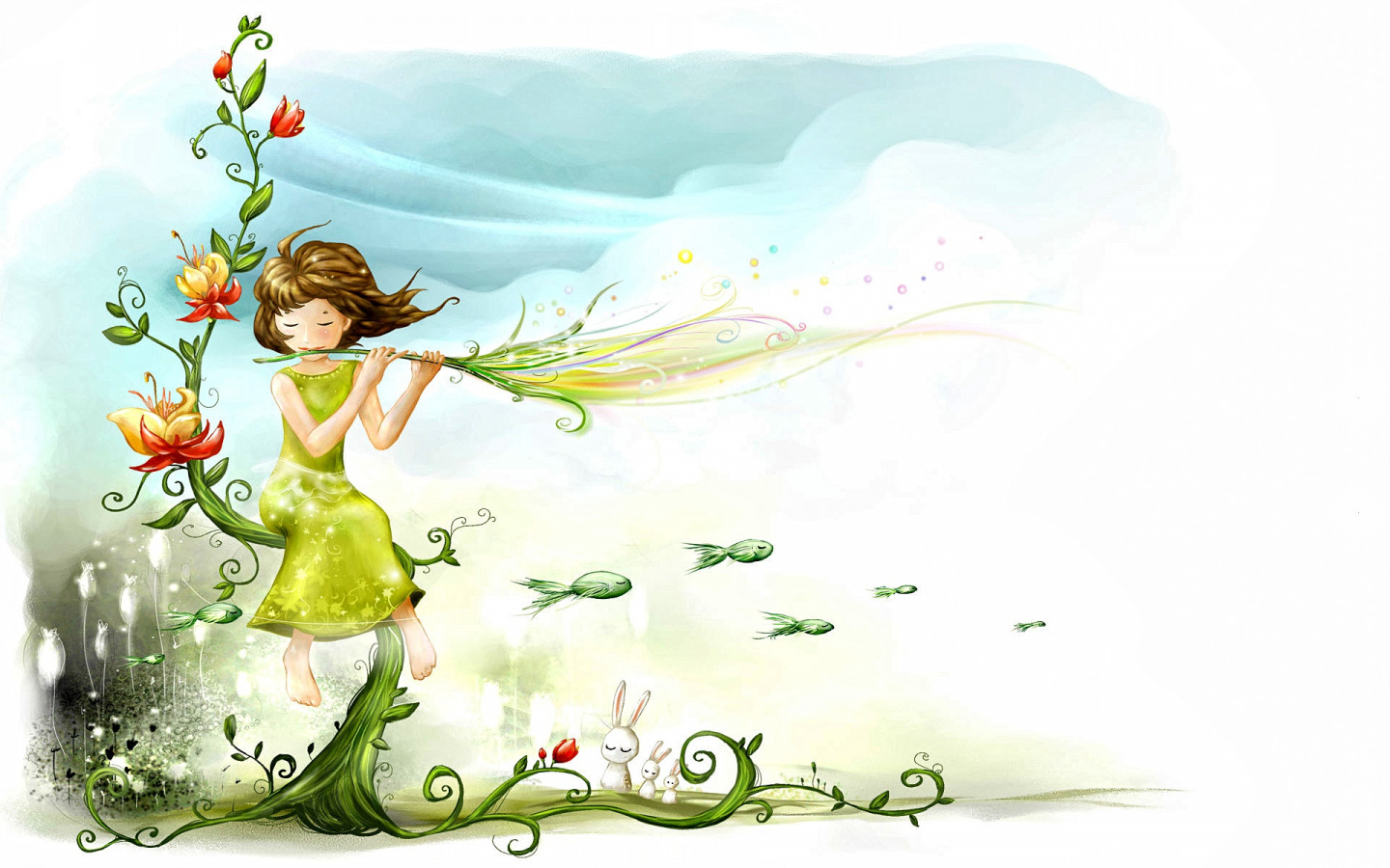 Download wallpaper the sky, water, flowers, background, fantasy, mood, ease, spring, art, the air, girl, picture, weightlessness, fairy world, on the shores of lake, the watercolor drawing, section art in resolution 1440x900