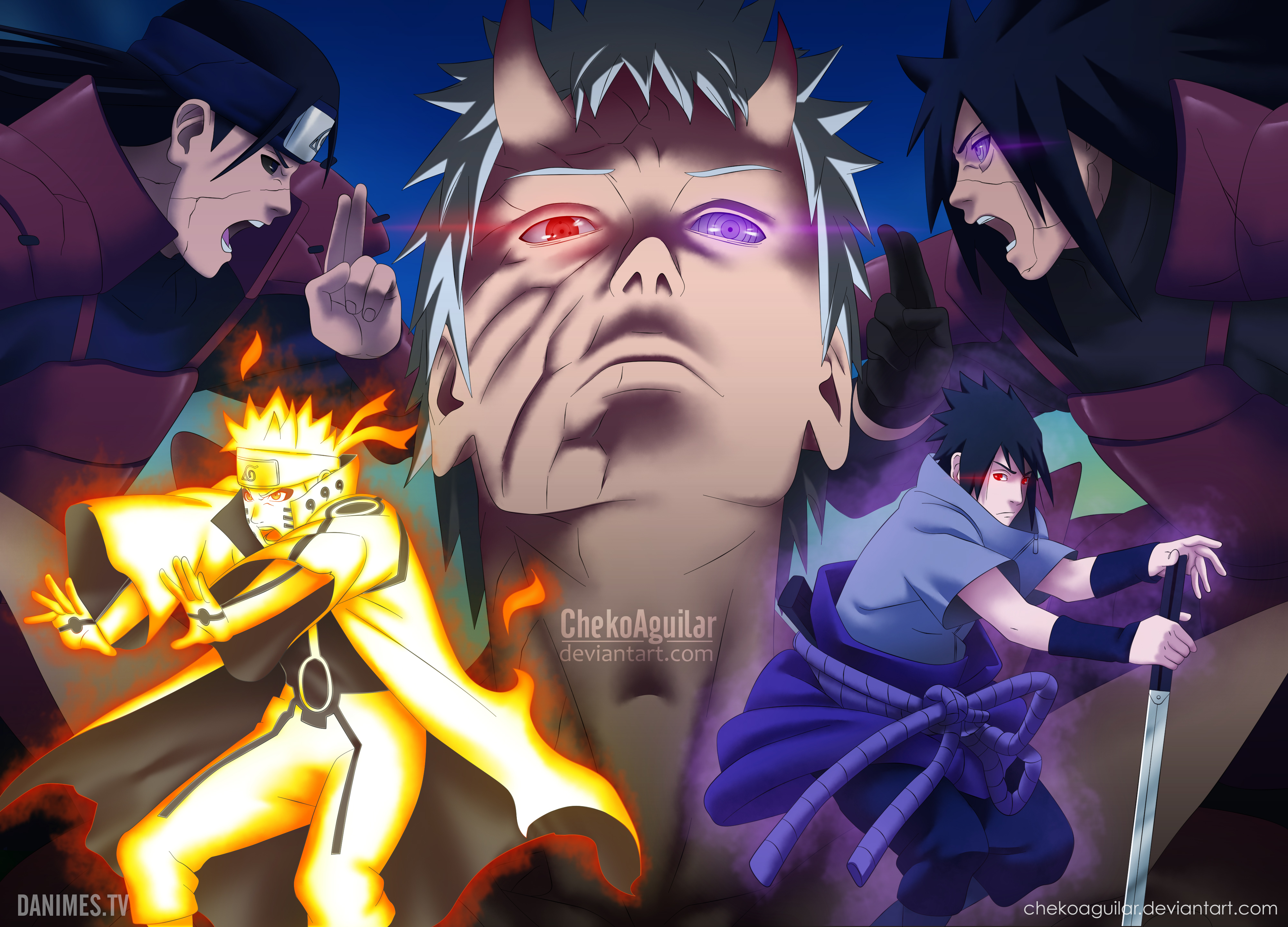 Madara Uchiha, Sharingan, Hashirama Senju, Sasuke Uchiha, Naruto Uzumaki, Obito Uchiha and Rinnegan (Naruto) 4k Ultra HD Wallpaper