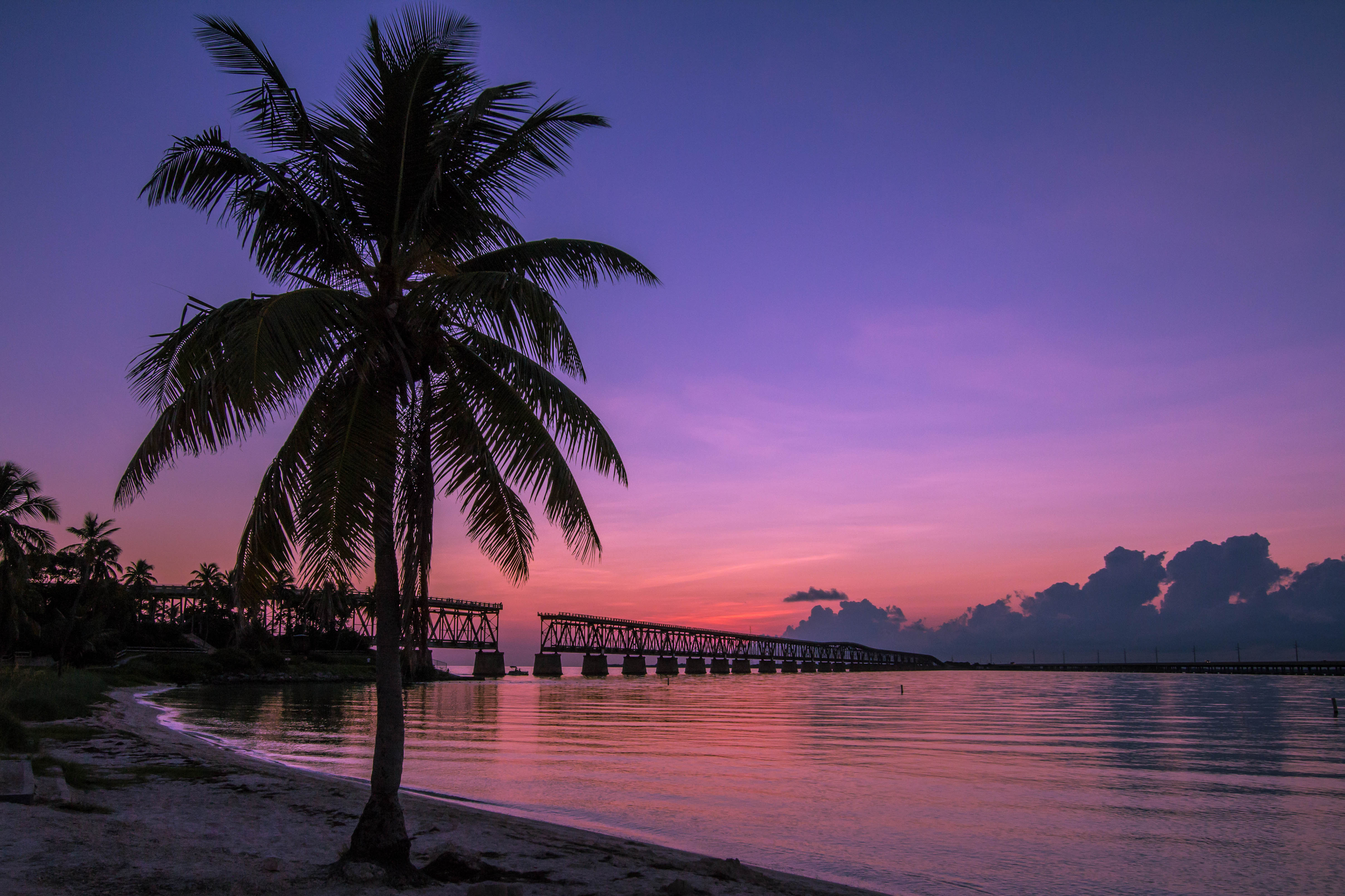 Wallpaper, landscape, sunset, sea, nature, shore, reflection, sky, sunrise, calm, evening, morning, coast, bridge, horizon, Honda, keys, dusk, Florida, vacation, cloud, dawn, plant, ocean, tropics, bahia, computer wallpaper, afterglow, body of