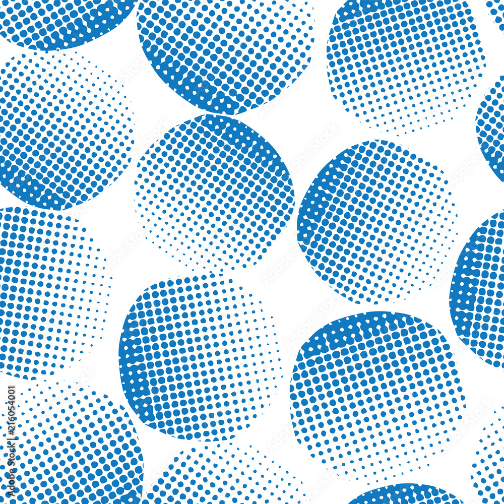 Seamless vector background blue textured circles. Blue dots on white background. Abstract geometric background. Dotted circles pattern. For wrapping, web background, wallpaper, fabric, packaging Stock Vector