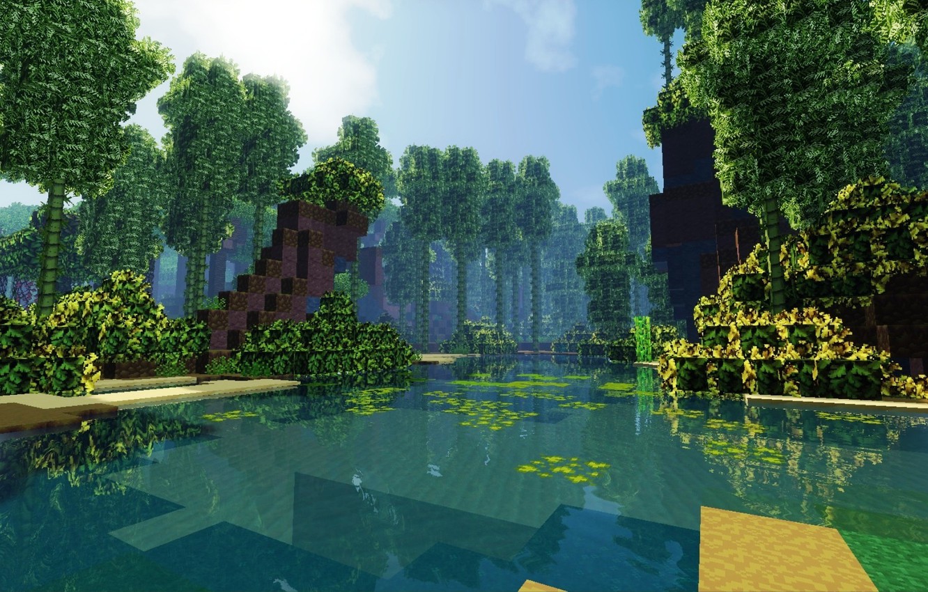 Wallpaper forest, the sky, clouds, shore, bamboo, Bay, Minecraft image for desktop, section игры