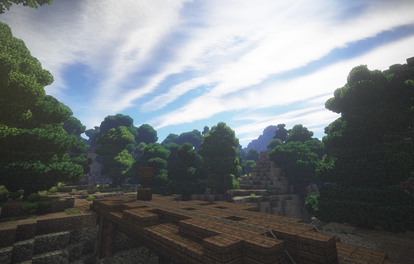 Wallpaper road, forest, the sky, grass, clouds, bridge, tree, gorge, Minecraft image for desktop, section игры