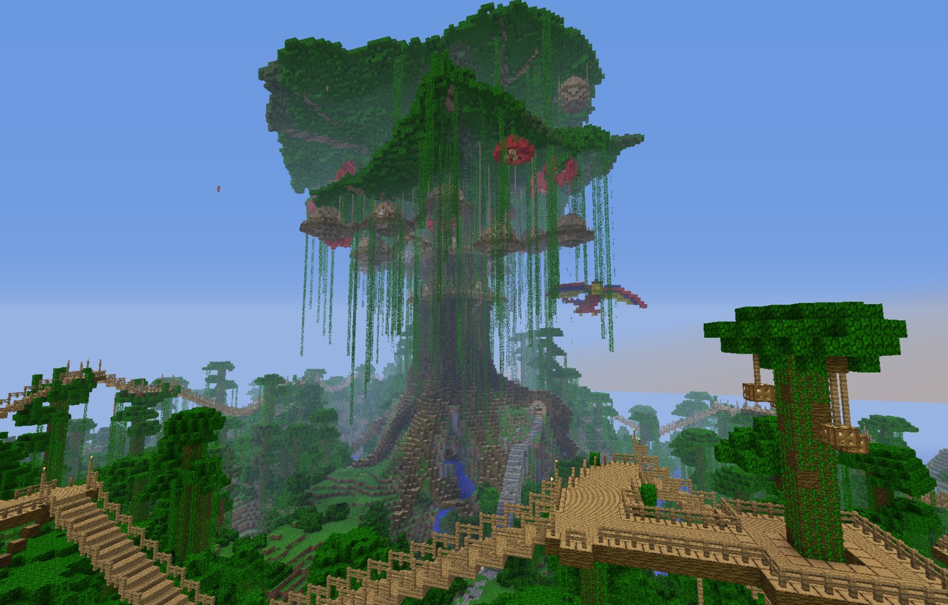 Wallpaper forest, the sky, bridge, house, tree, jungle, jungle, minecraft, treehouse image for desktop, section игры