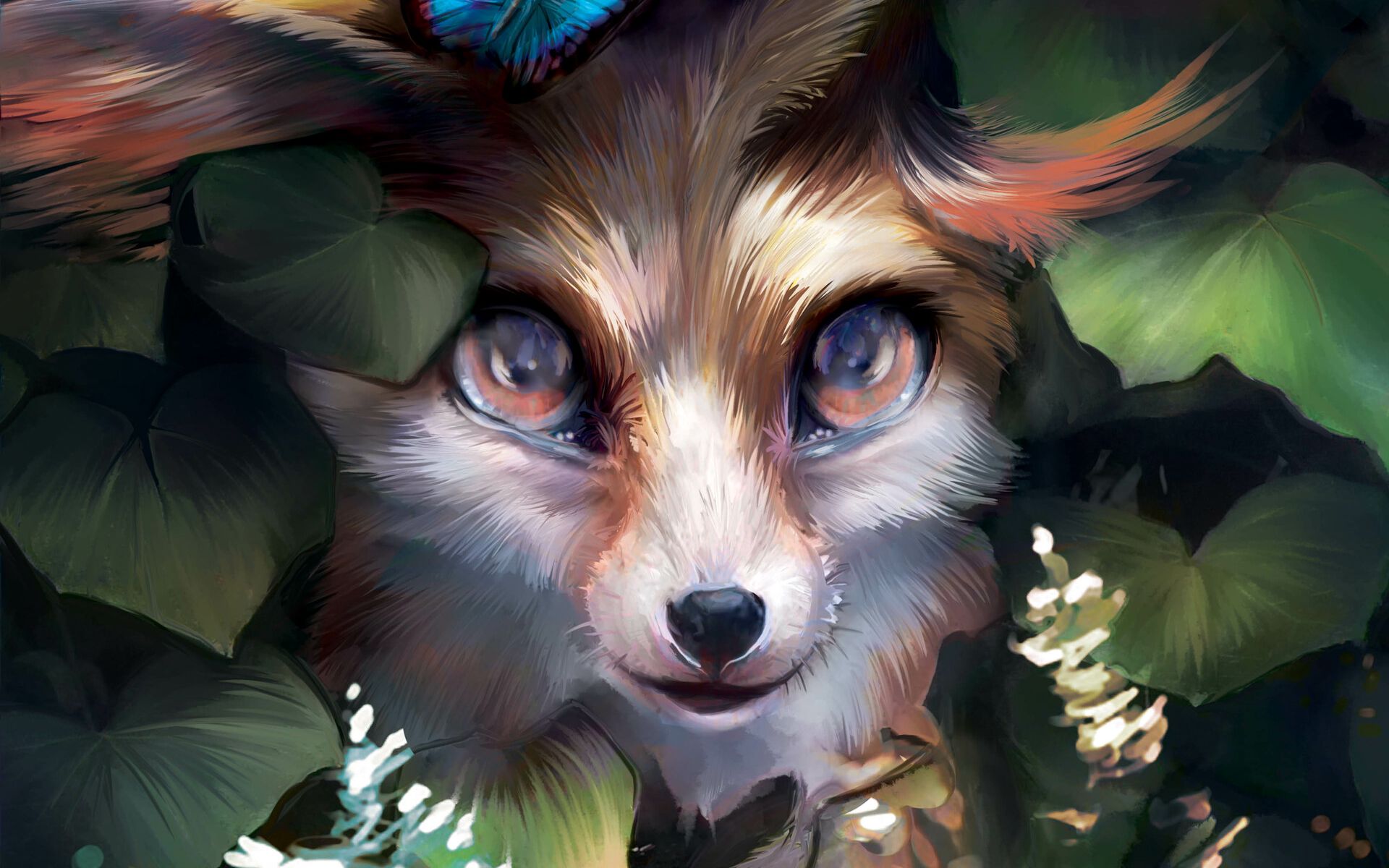 Download wallpaper 1920x1200 fox, cute, art, butterfly, leaves widescreen 16:10 HD background