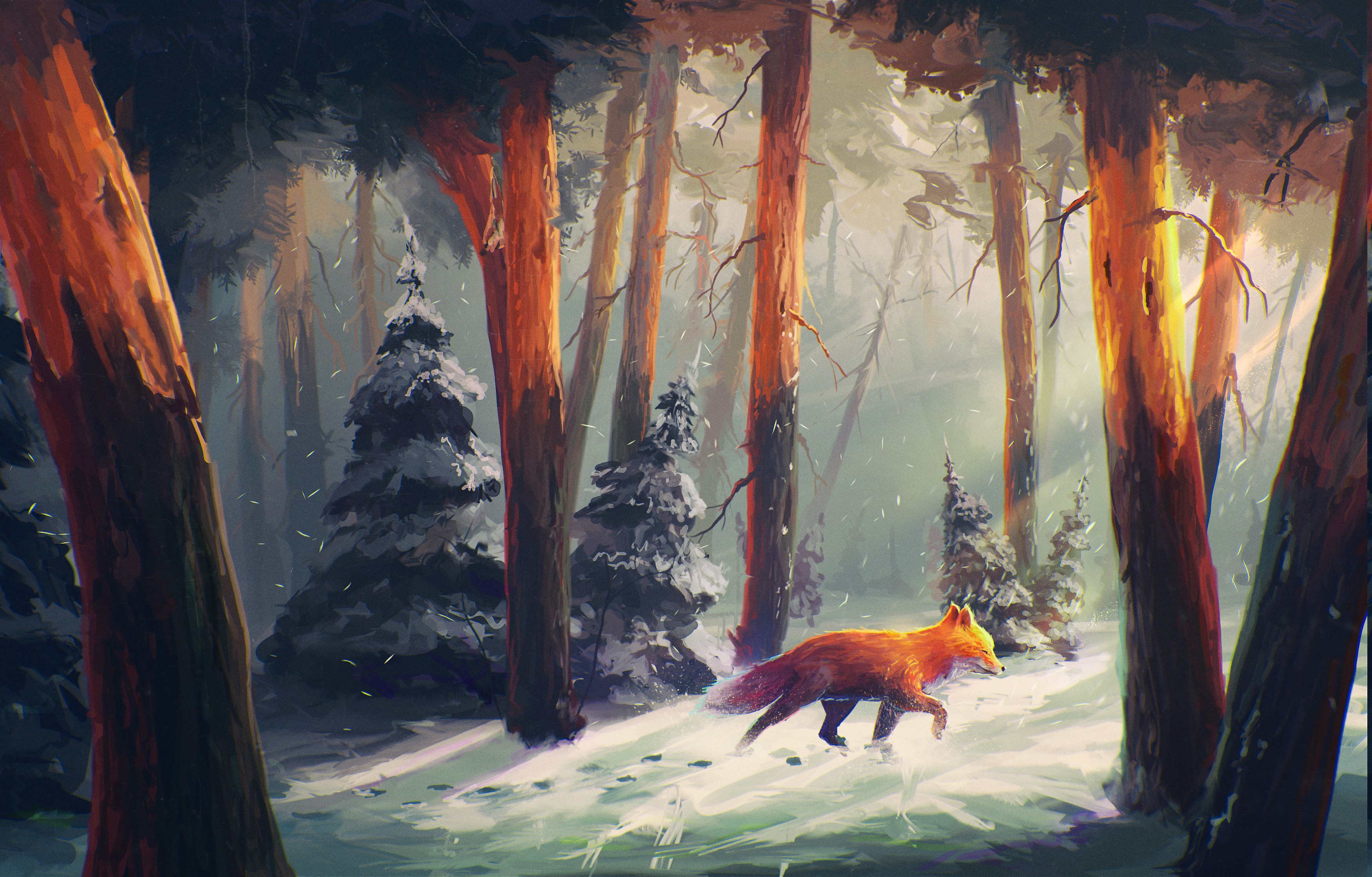 nature, Animals, Snow, Artwork, Digital Art, Forest, Sylar, Sunlight, Fox Wallpaper HD / Desktop and Mobile Background