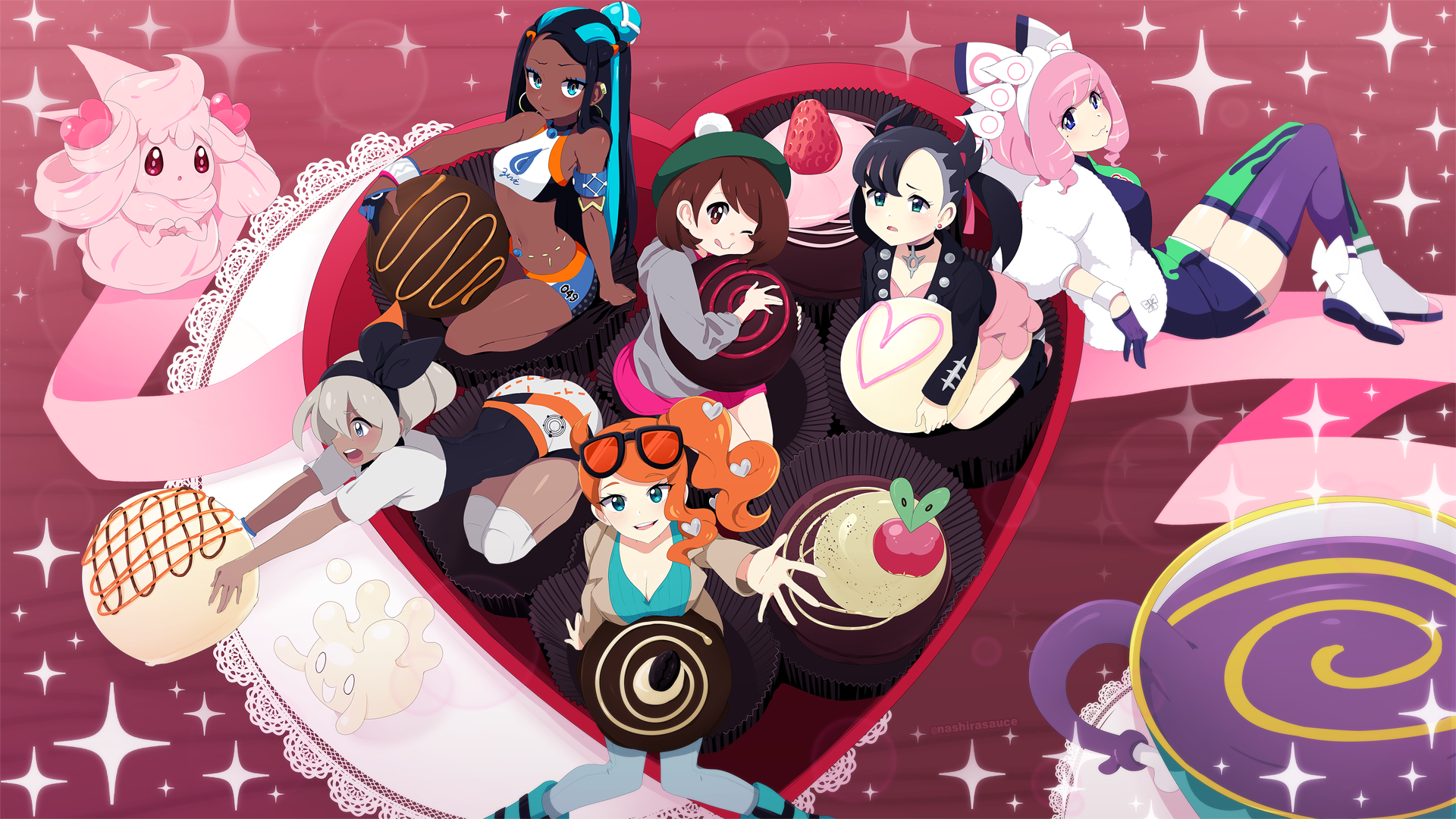 marnie, gloria, bea, nessa, sonia, and 7 more (pokemon and 2 more) drawn