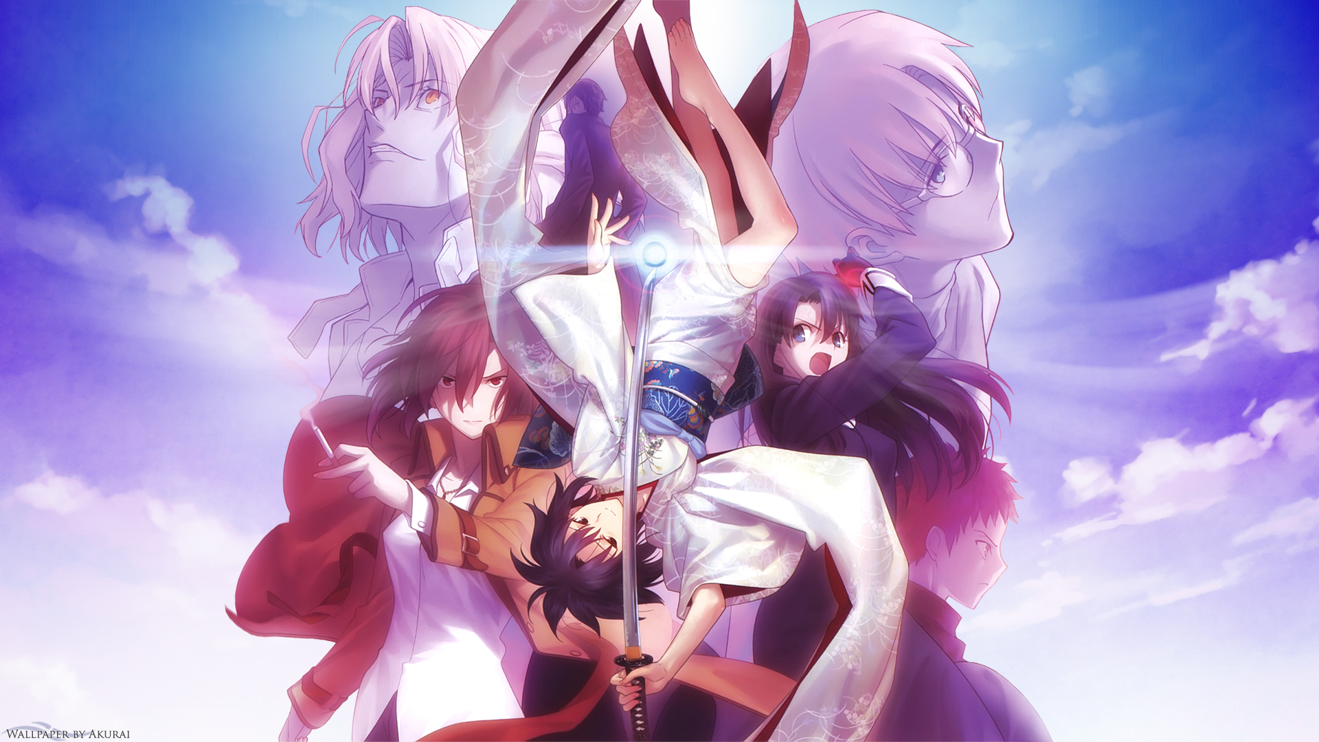 Wallpaper, Kara no Kyoukai, Ryougi Shiki, Kokutou Azaka, kokutou mikiya, Aozaki Touko 1920x1080