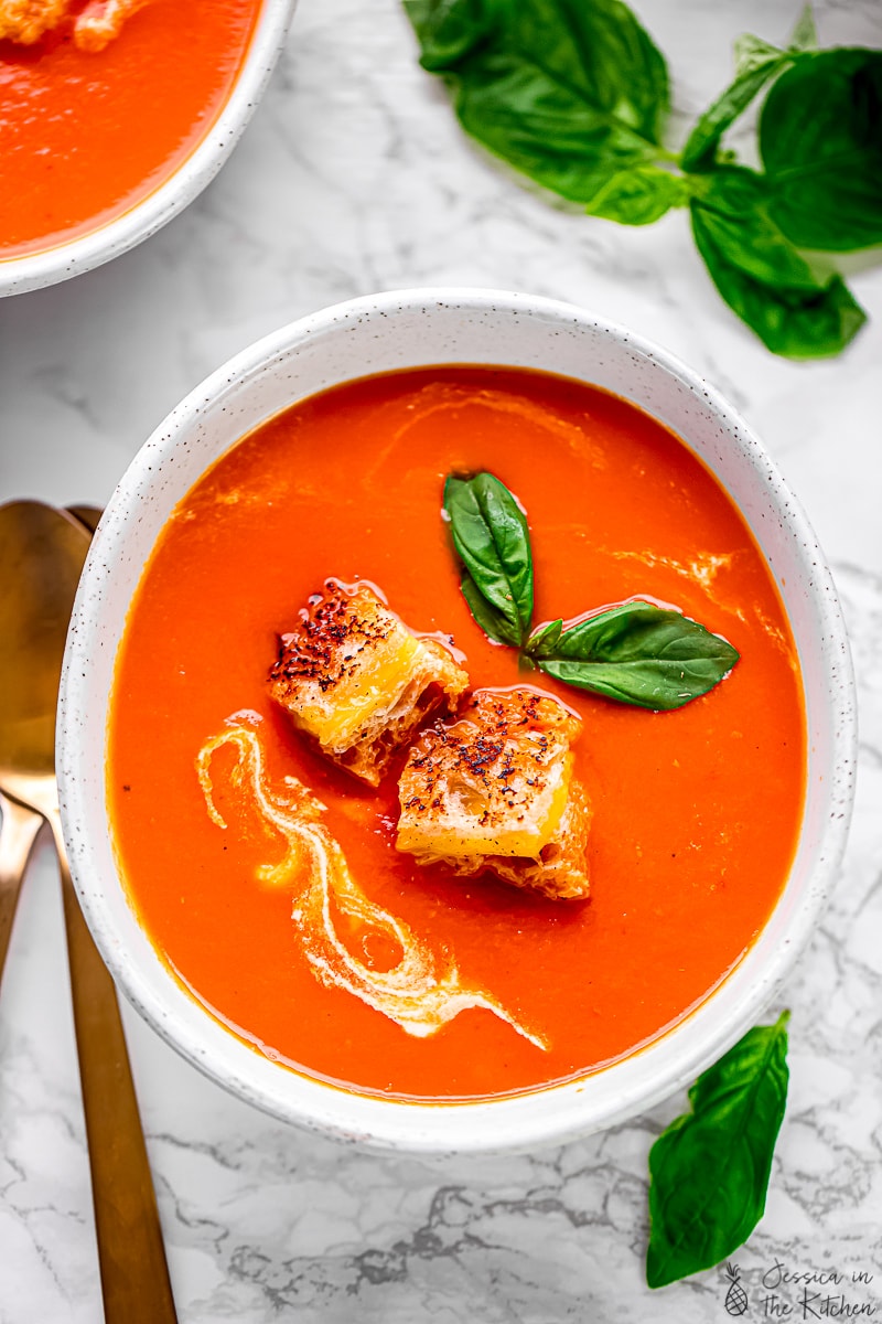 Creamy Tomato Soup with Cheesy Croutons (Vegan) in the Kitchen