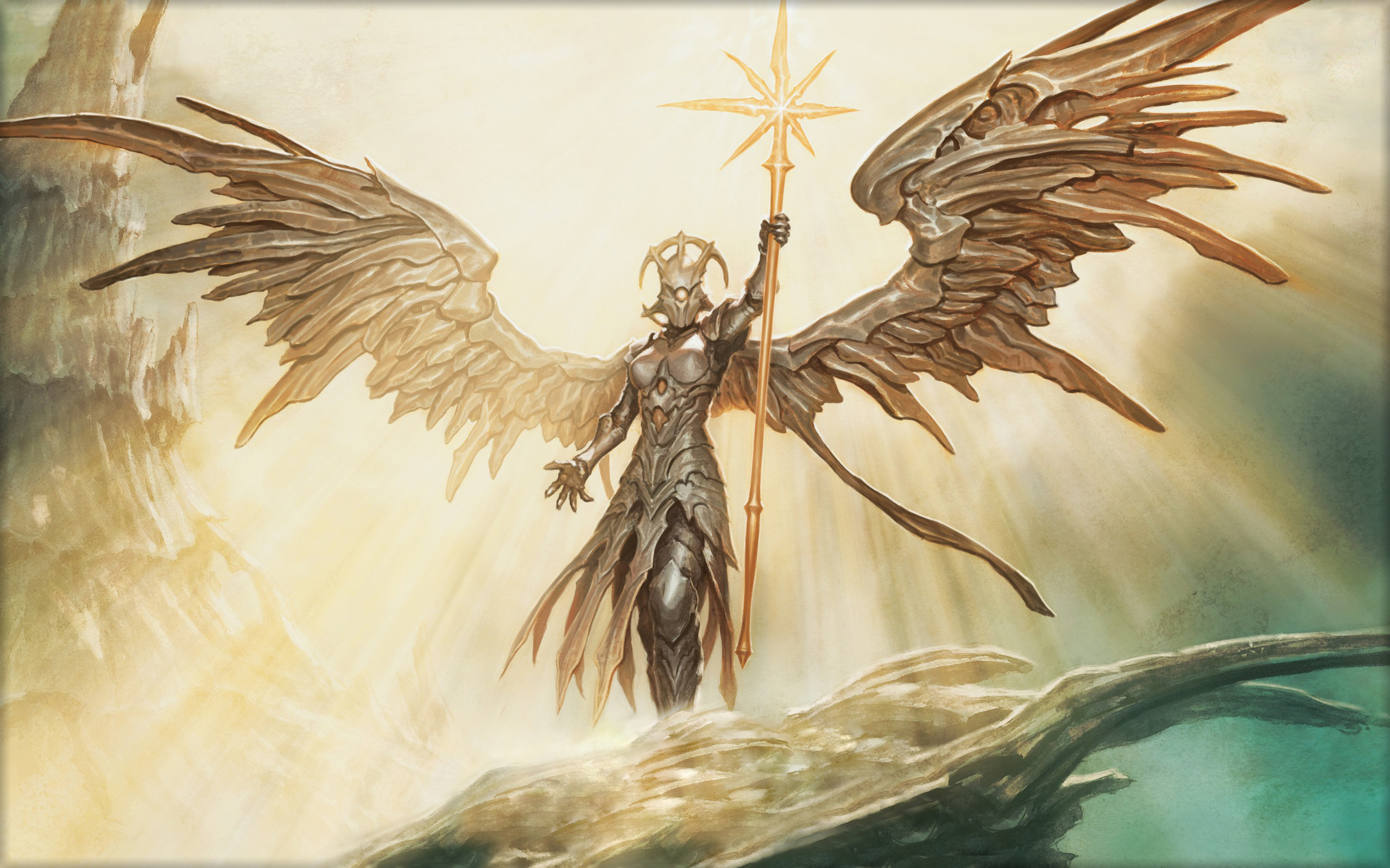 Golden Angel Scepter of sun light rays fantasy art picture Wallpaper Widescreen HD resolution 2560x1600, Wallpaper13.com