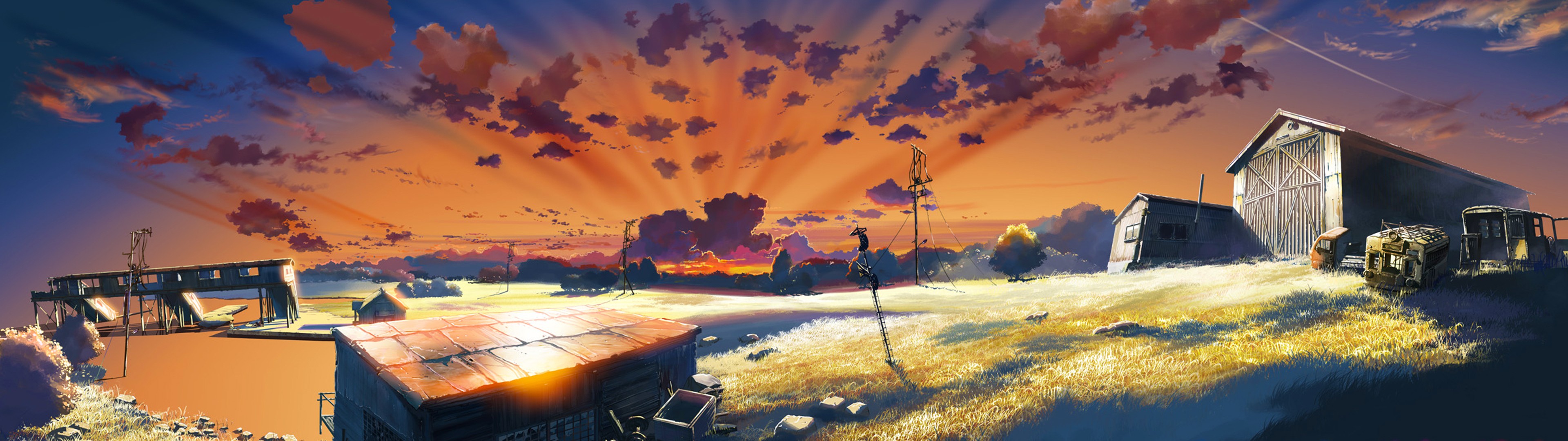 Wallpaper, sunlight, sunset, cityscape, anime, sky, evening, panorama, dusk, The Place Promised In Our Early Days, screenshot, computer wallpaper, atmosphere of earth 3840x1080