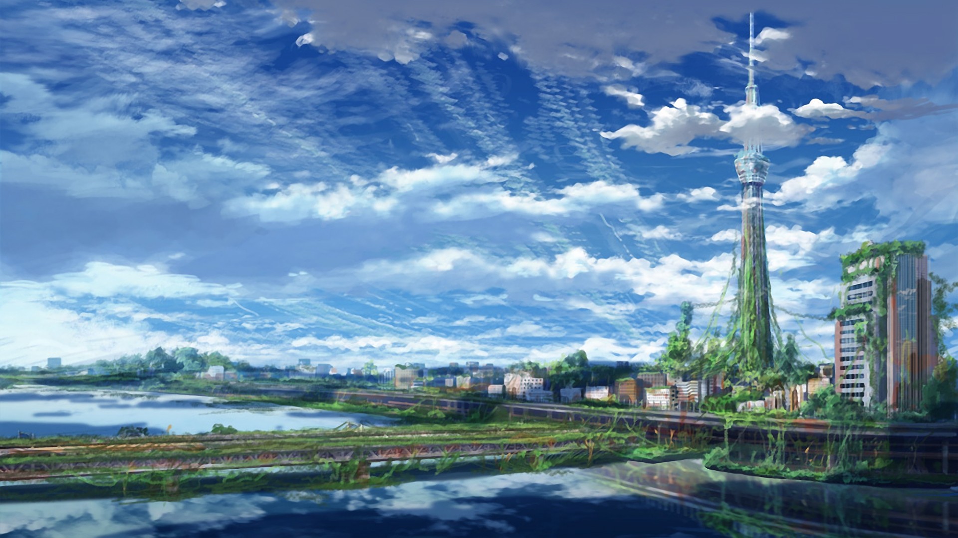 Wallpaper, landscape, cityscape, anime, reflection, sky, artwork, skyline, river, horizon, panorama, dusk, cloud, landmark, waterway 1920x1080