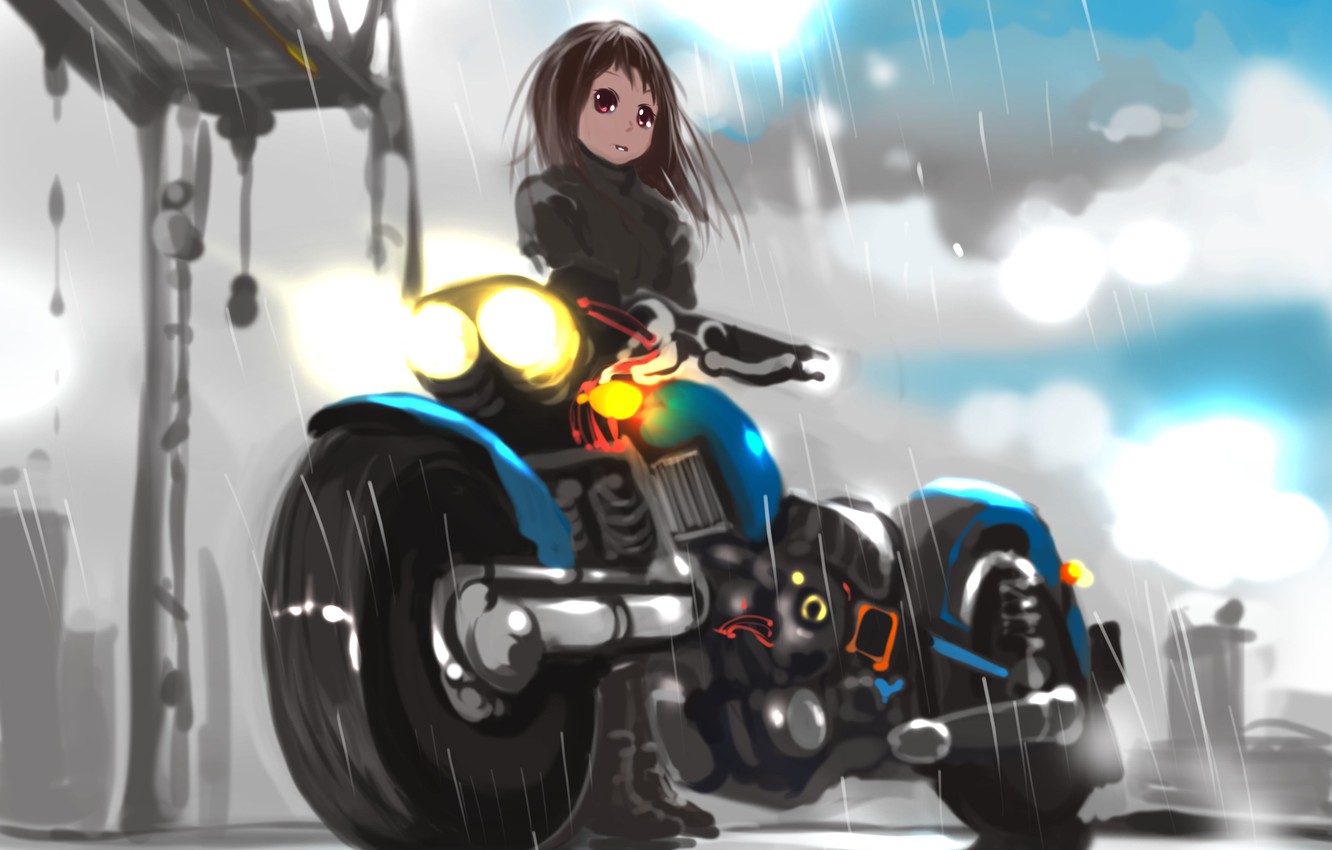 Wallpaper rain, anime, motorcycle image for desktop, section прочее