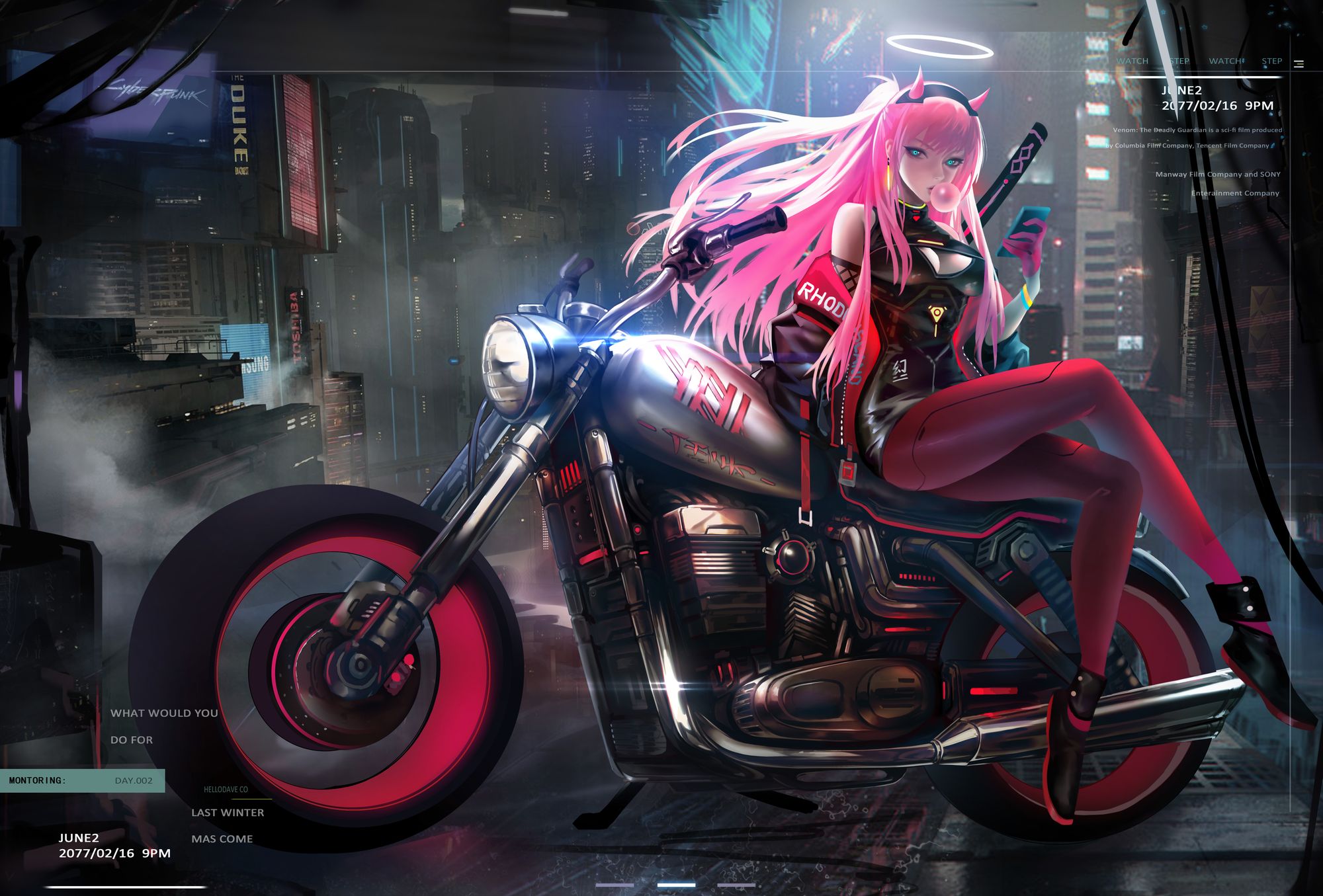 Wallpaper: Anime girl Zero Two (002) on a Motorcycle [Artist: gin79] in the Franxx Clan [anime pics & digital art]