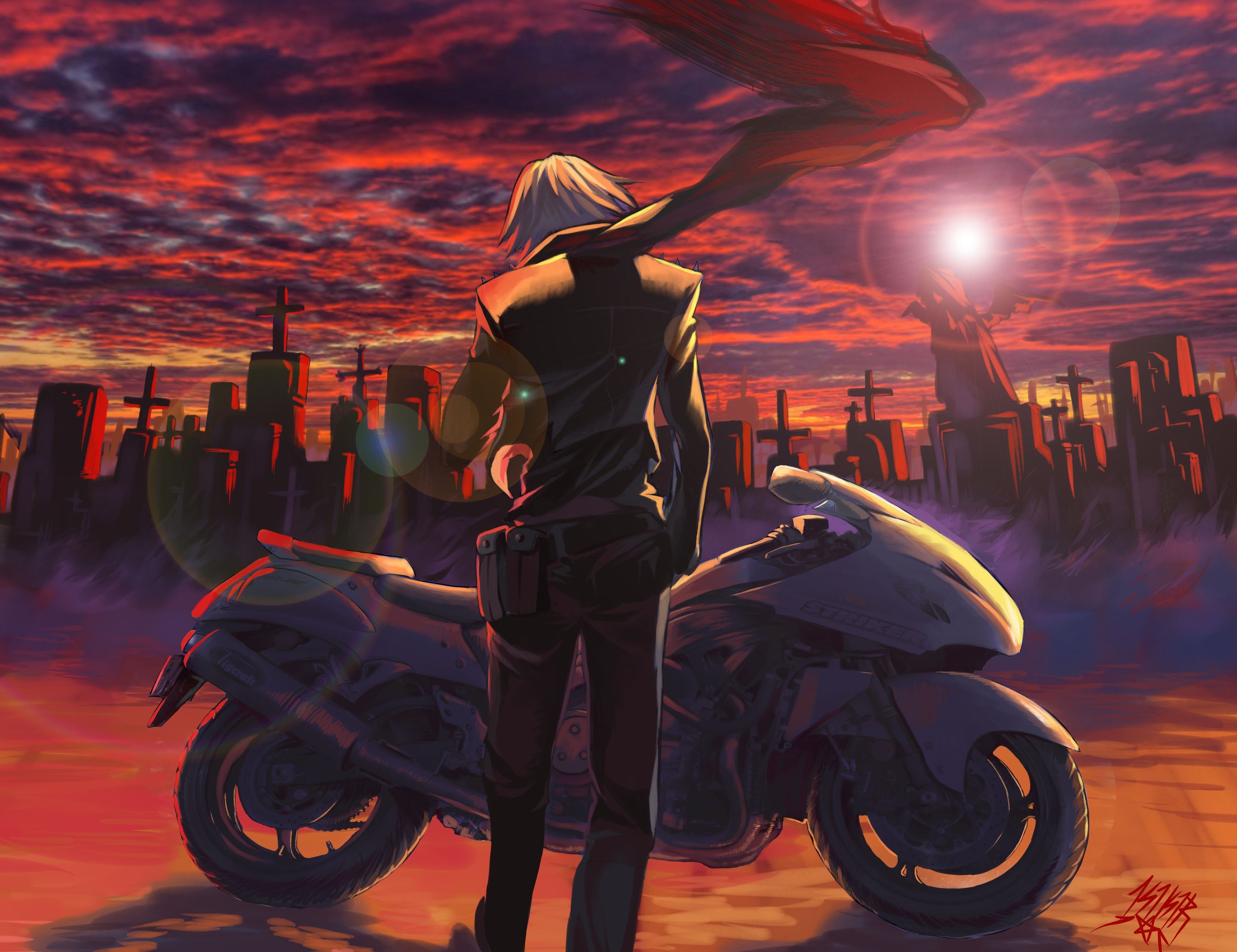 Wallpaper, illustration, anime, motorcycle, vehicle, ART, bike, guy, screenshot, stunt performer 3306x2545