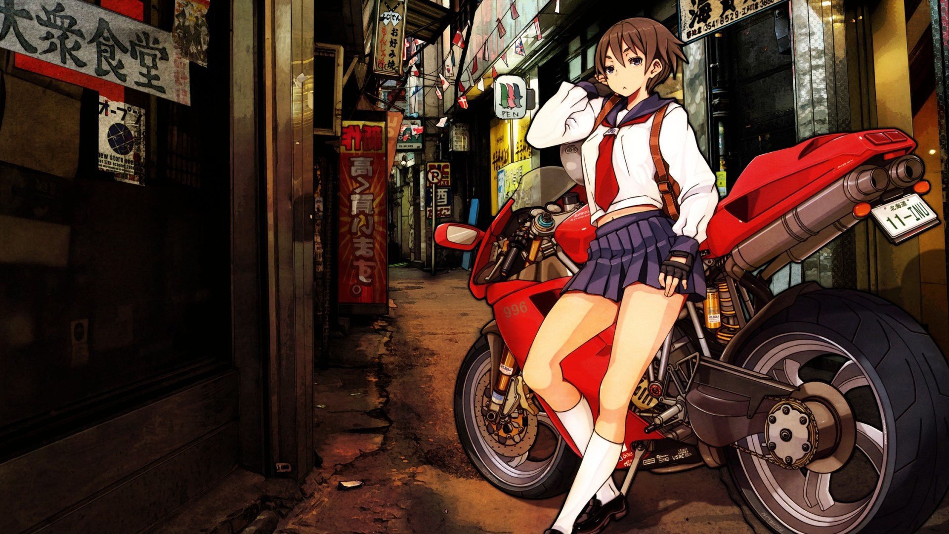 Anime girl street school uniform short hair motorcycle wallpaperx1080