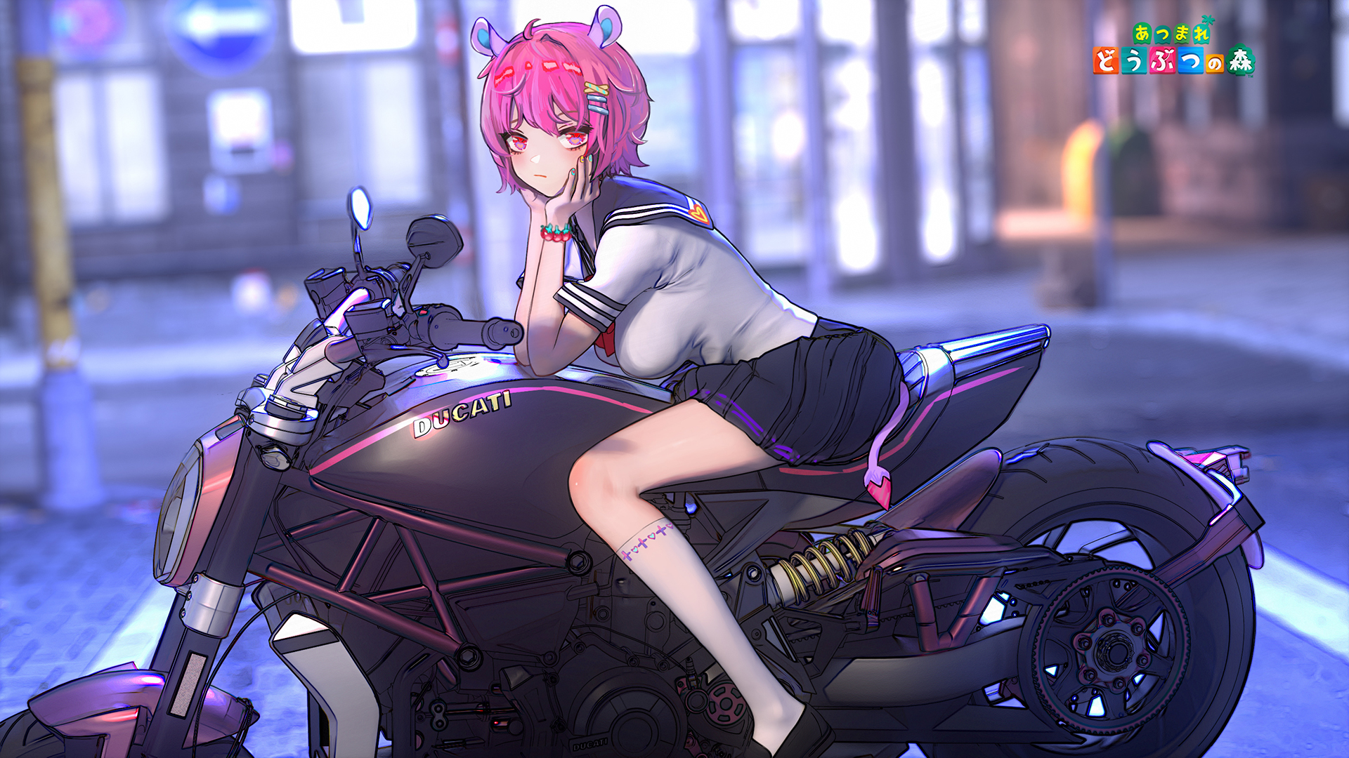 Motorcycle Short Hair Ears Tail Pink Hair Red Eyes School Uniform Anime Girls Vehicle Anime Ducati Wallpaper:1920x1080