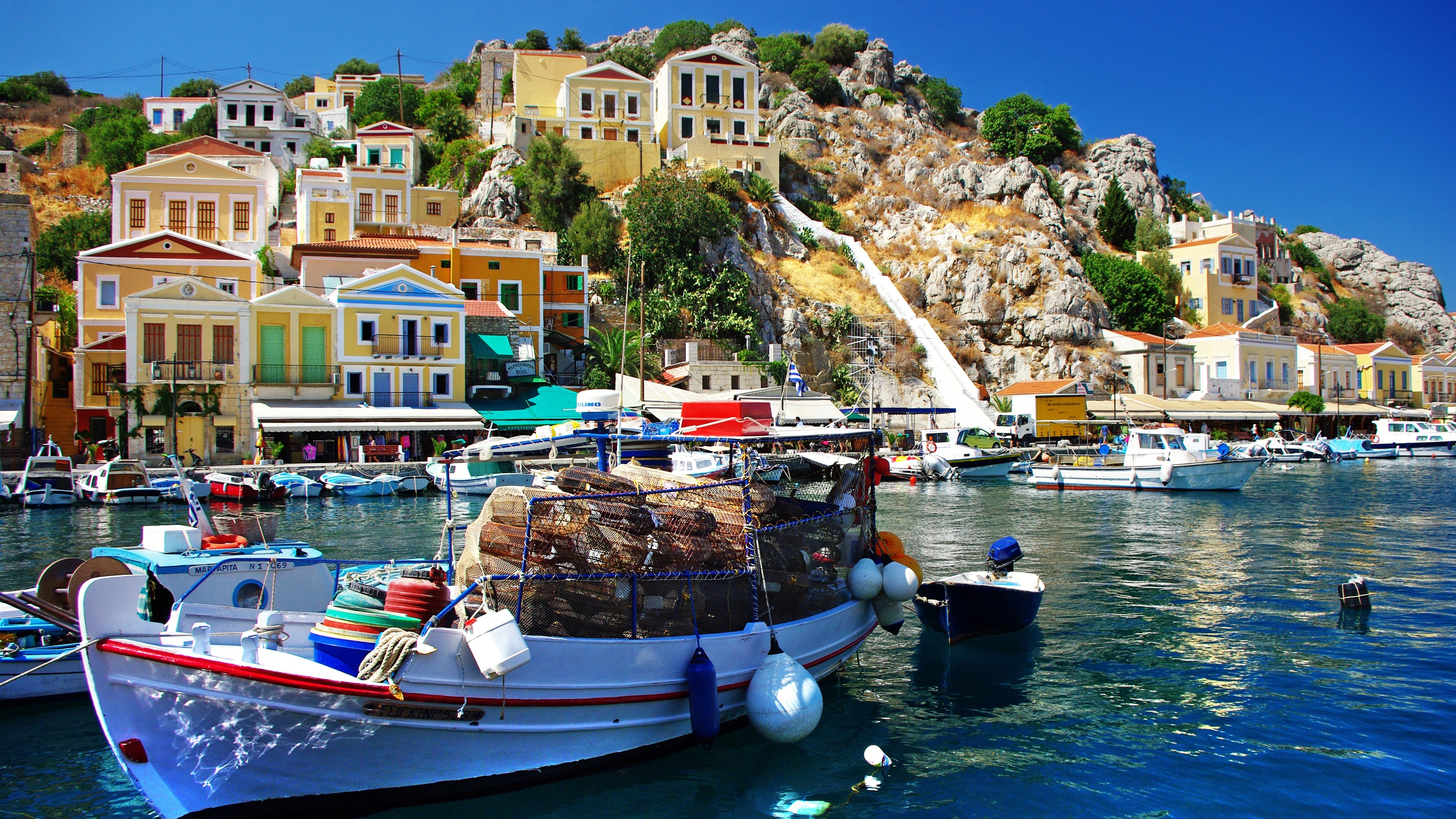 Wallpaper Greece, sea, boats, houses, town, pier 3840x2160 UHD 4K Picture, Image