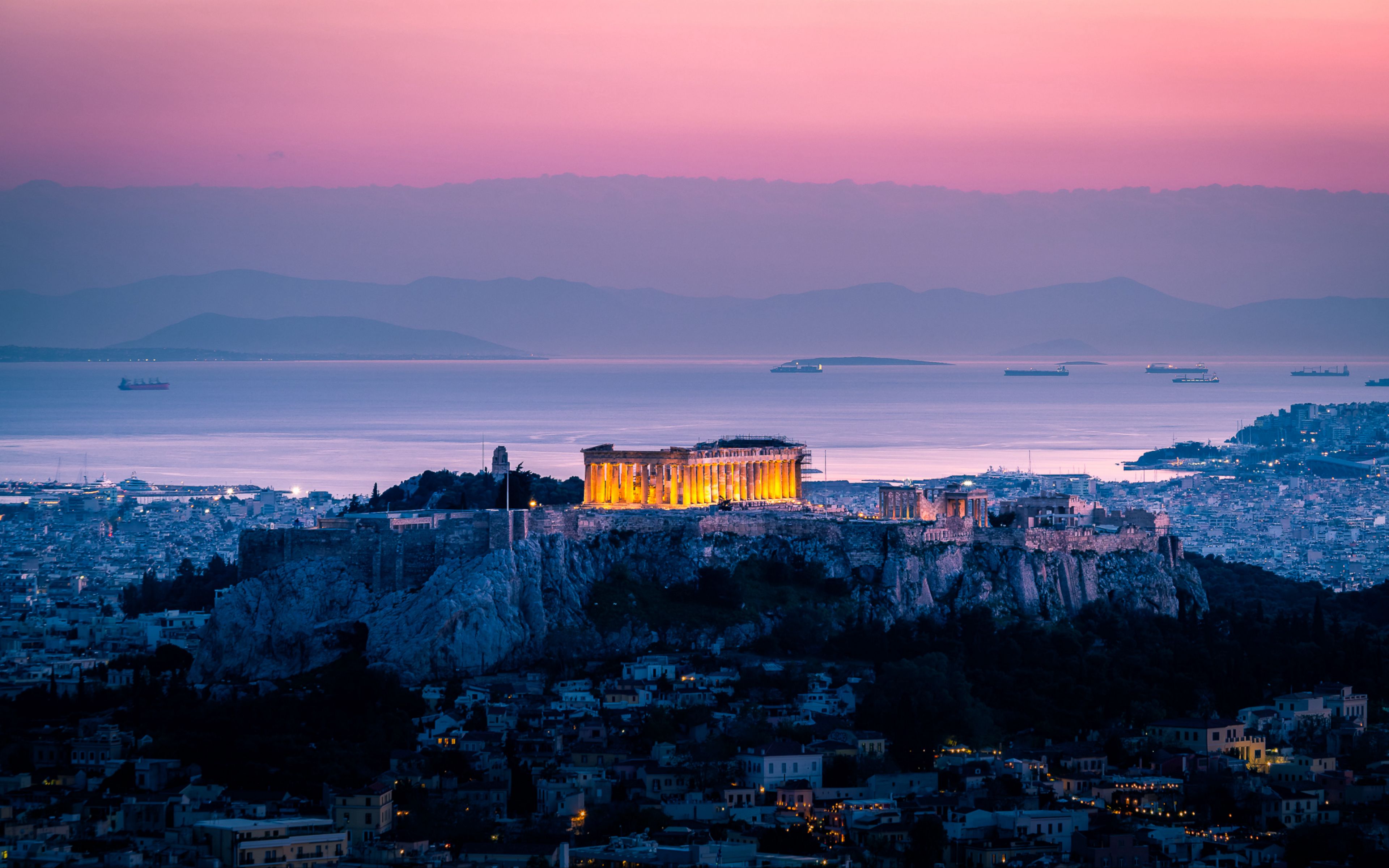 Download wallpaper 3840x2400 architecture, sunset, sea, acropolis, athens, greece 4k ultra HD 16:10 HD background