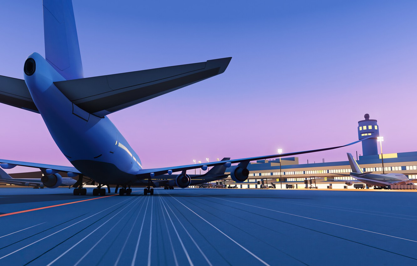 Wallpaper Night, The plane, Liner, Board, Airport, 80s, Render, Night, Airplane, Airport, Board, Liner, Transport & Vehicles, A Hiroshi Nagai Reimagined, by Acool rocket, Taxiway image for desktop, section рендеринг