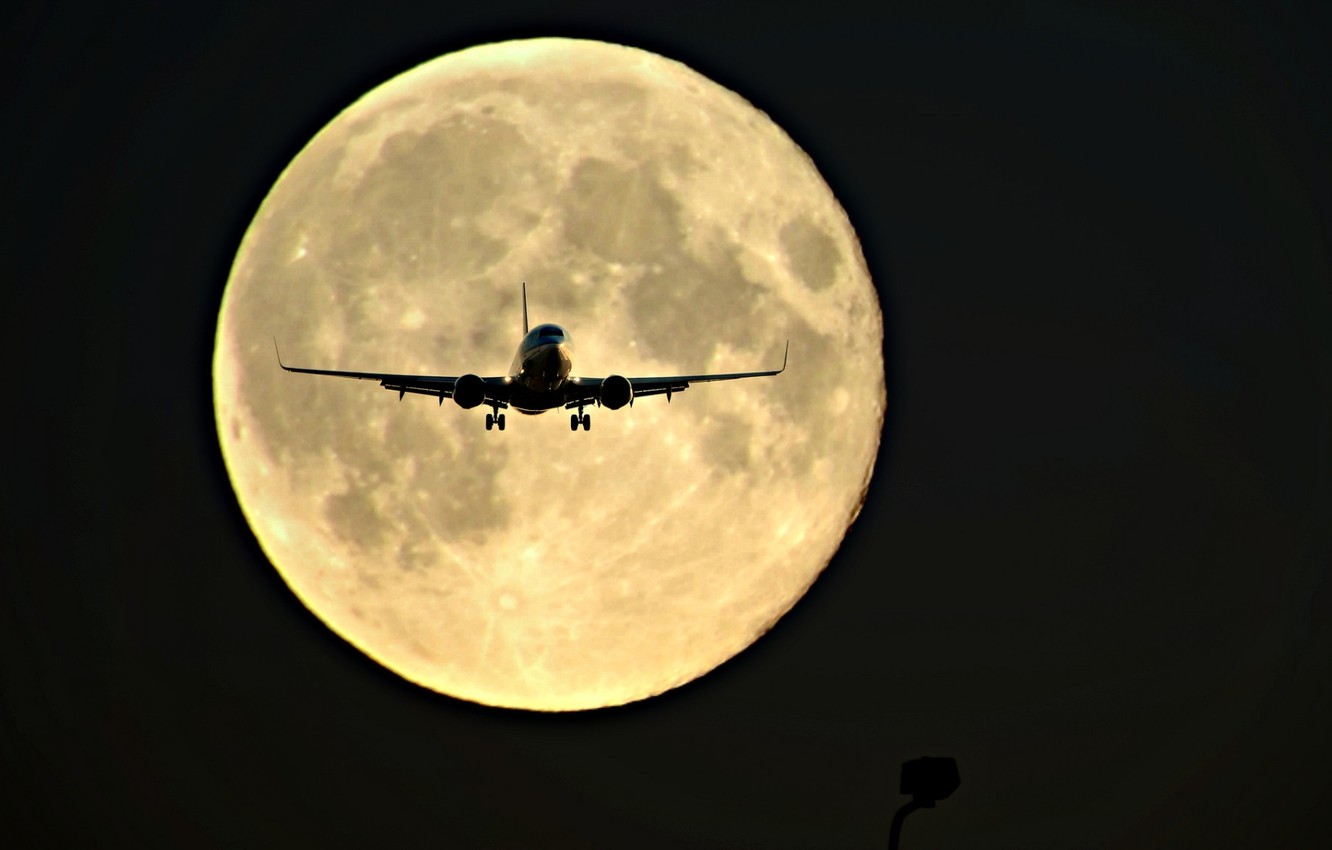Wallpaper night, the moon, silhouette, the plane image for desktop, section авиация