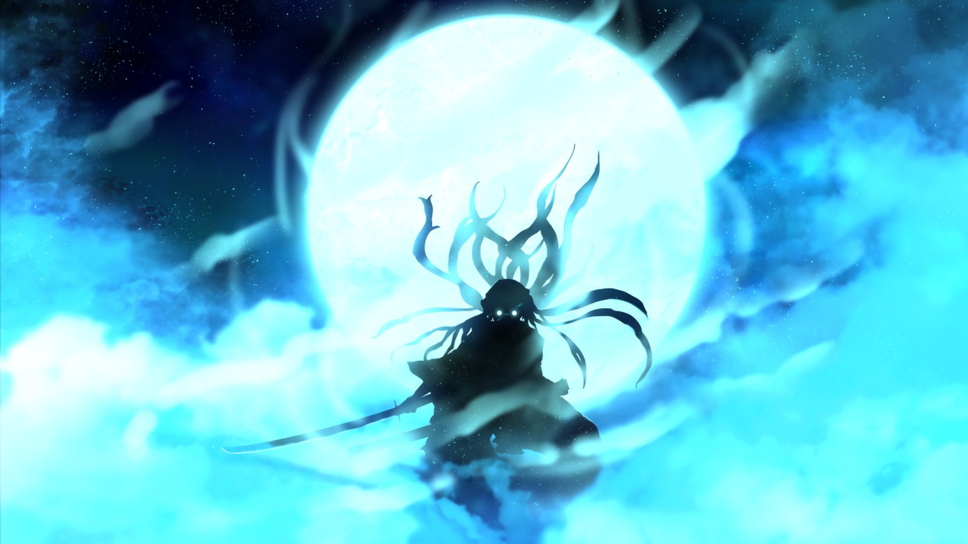 Demon Slayer Long Hair Muichiro Tokito On Back View With Background Of Blue Moon And Dark Sky With Stars HD Anime Wallpaper