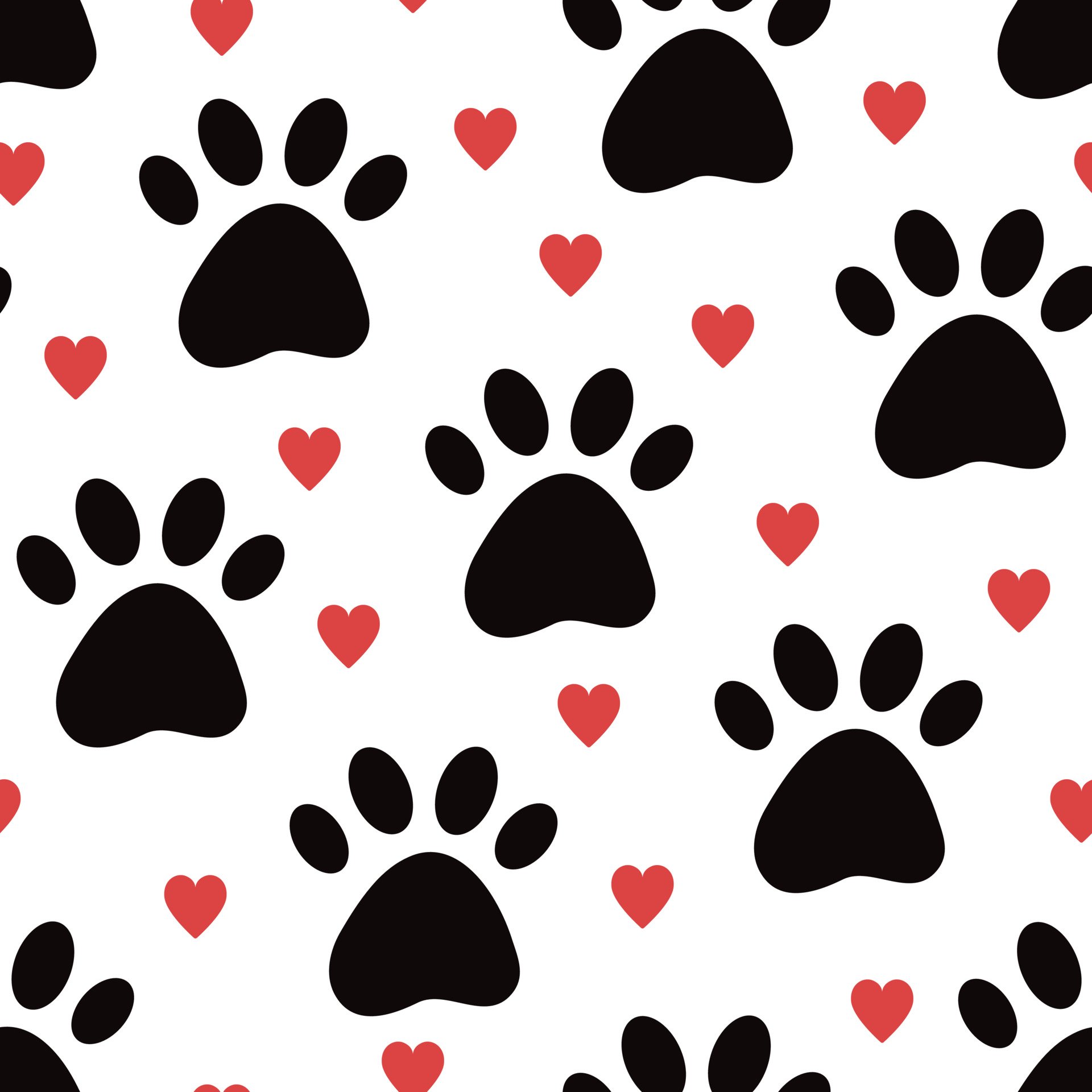 dog paw vector seamless pattern with hearts. Cute Valentine wallpaper background for pet shop, vet, goods for pet package. kitten cat dog paw silhouette ornament on white