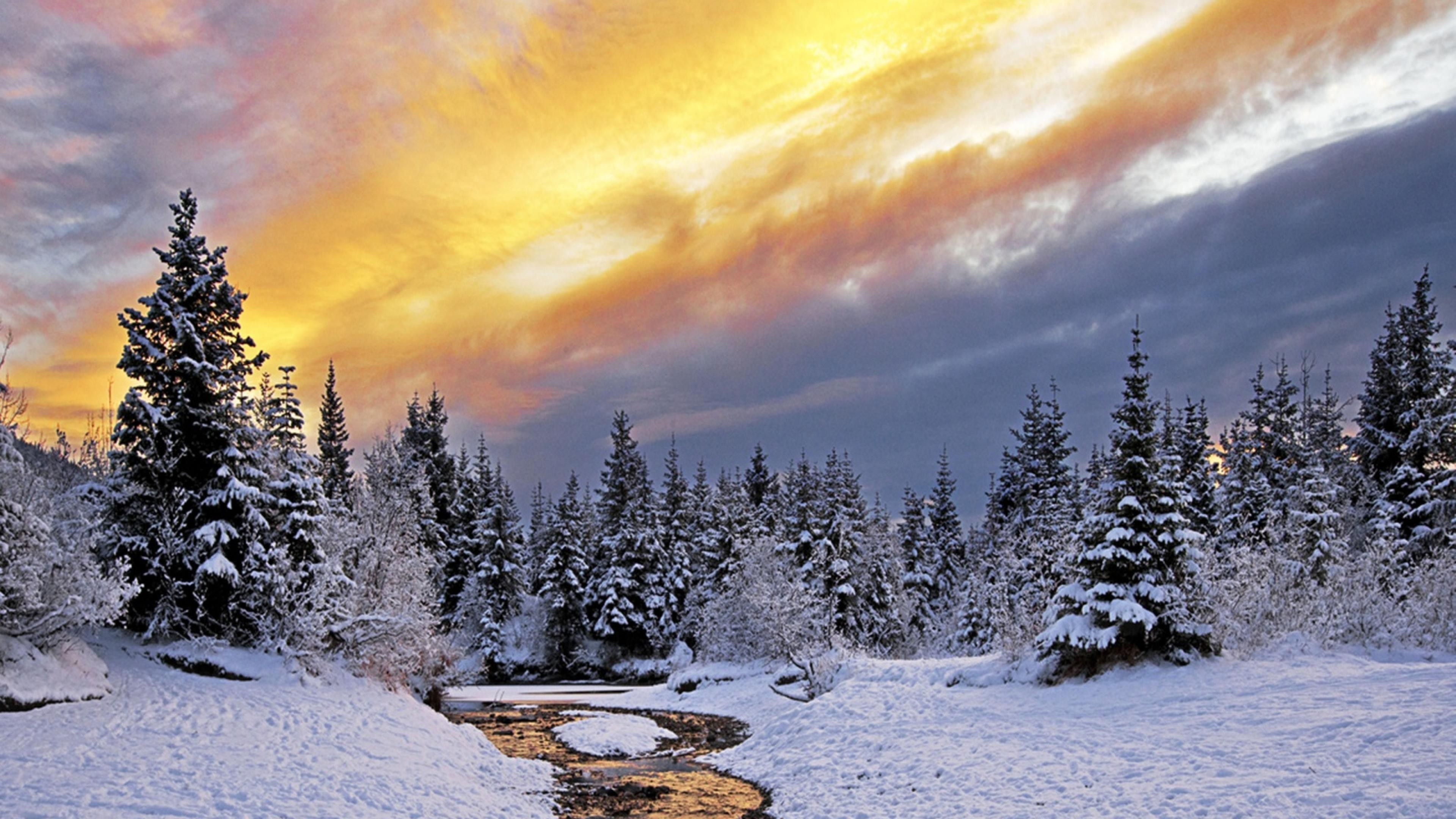 3840x2160, Winter Nature Snow Landscape River Ultra Mac Desktop Background
