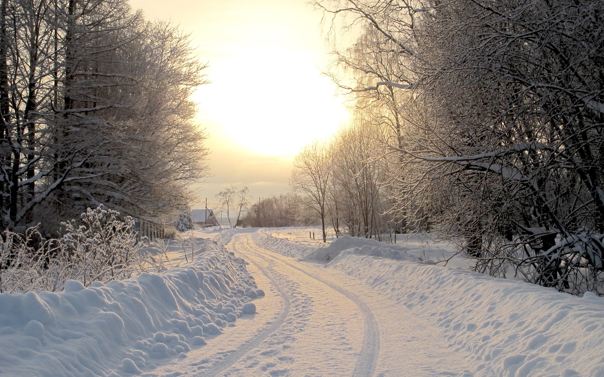 Snowy Road Trees Village Sunny desktop PC and Mac wallpaper