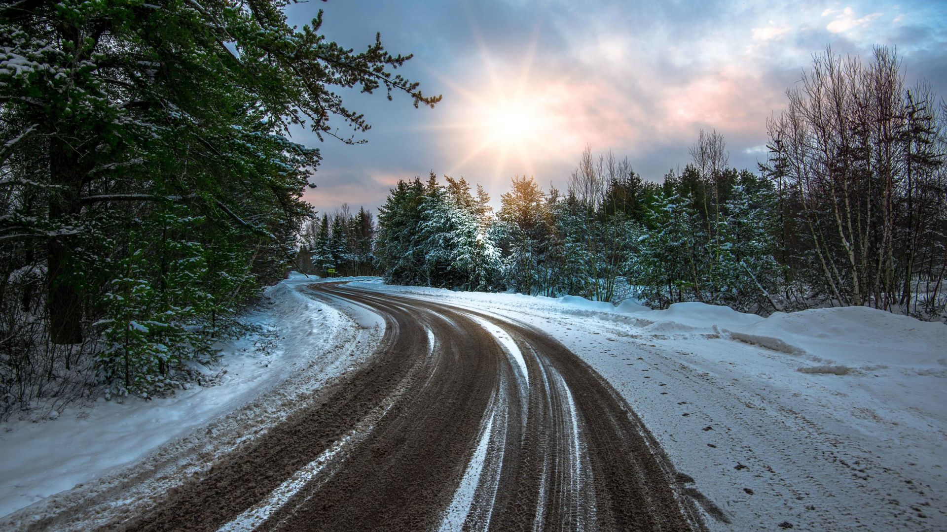 Desktop Wallpaper Nature, Winter, Forest, Clouds, Road, HD Image, Picture, Background, Fbde55
