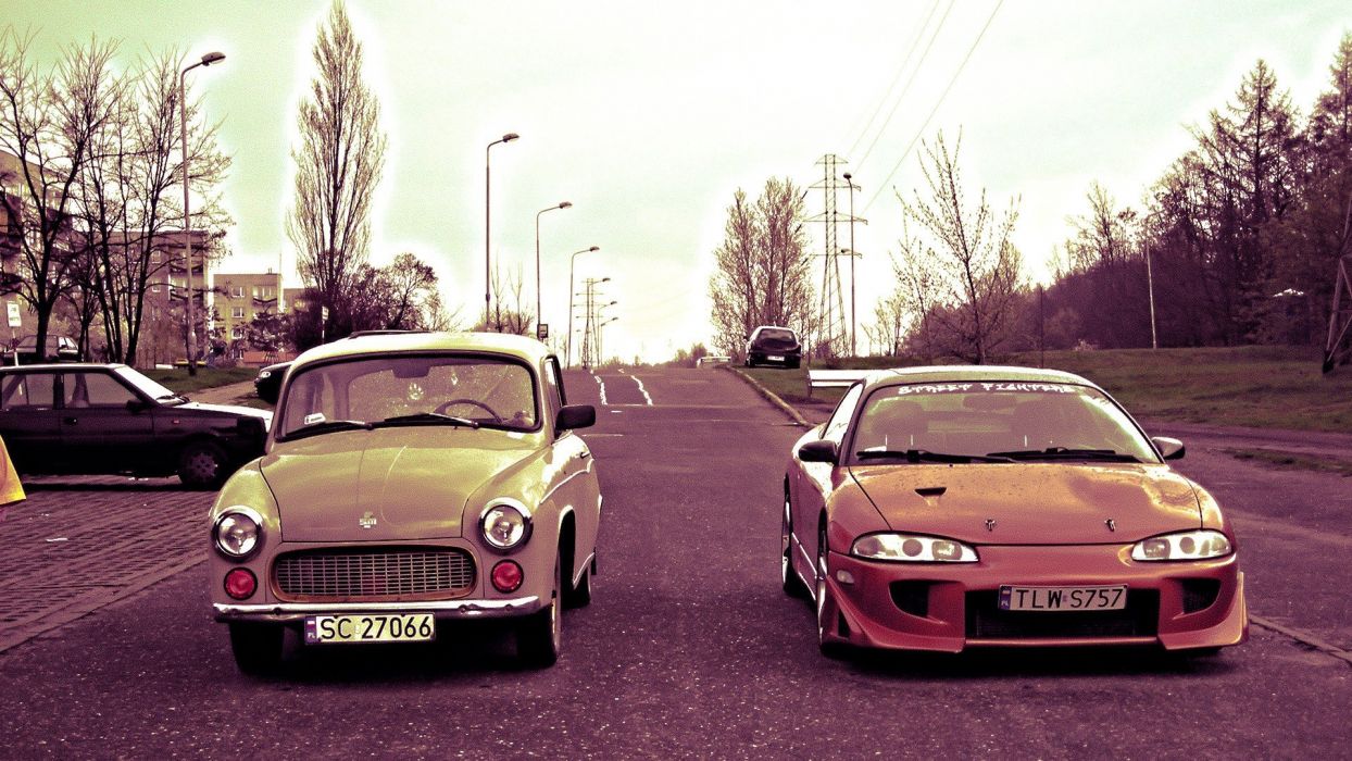 Streets cars Polish Poland roads tuning Mitsubishi Eclipse Polonez Syrena Polonez Caro wallpaperx1080