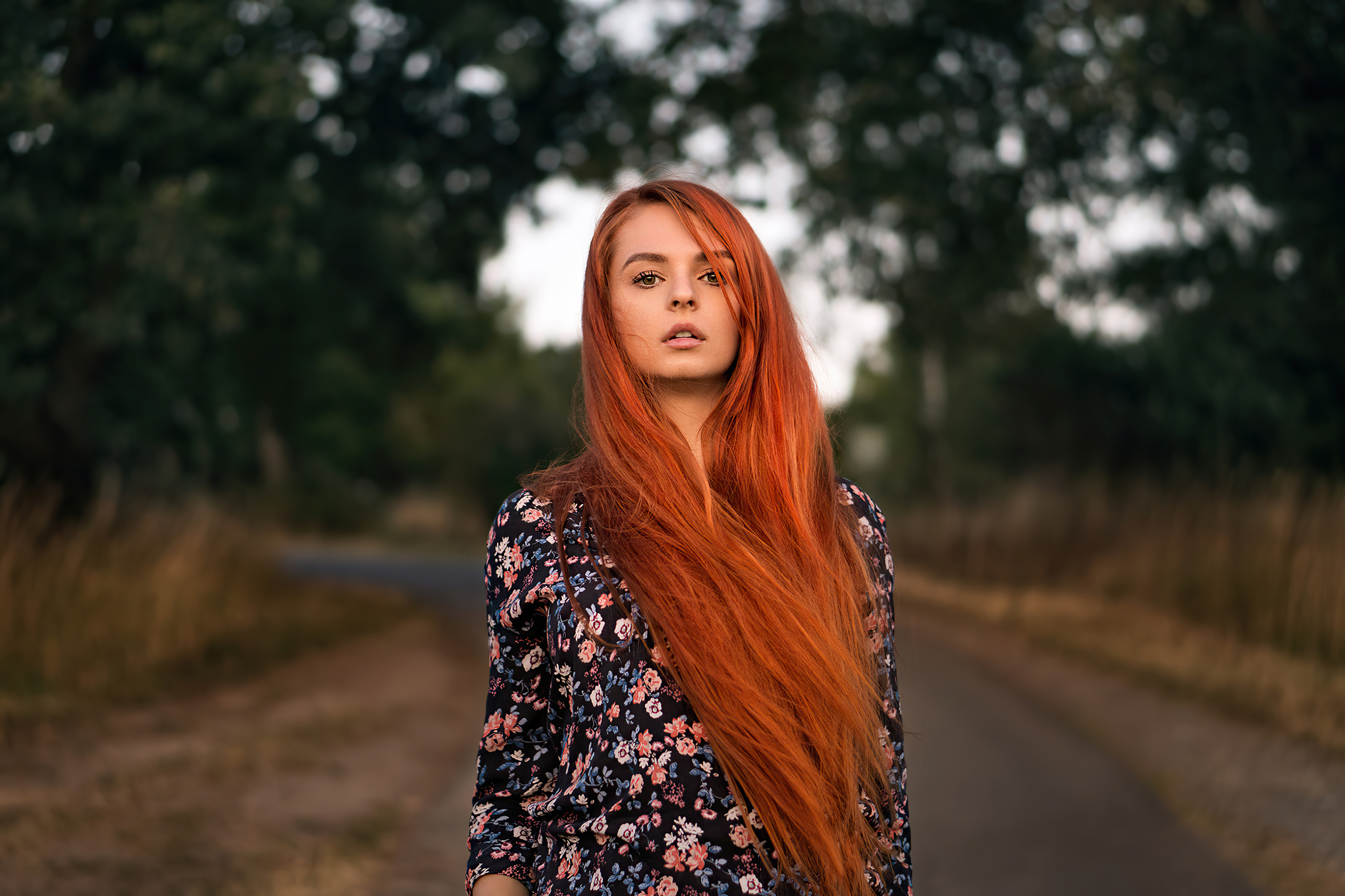 Wallpaper 4k Red Head Girl Outdoor Road 4k Wallpaper