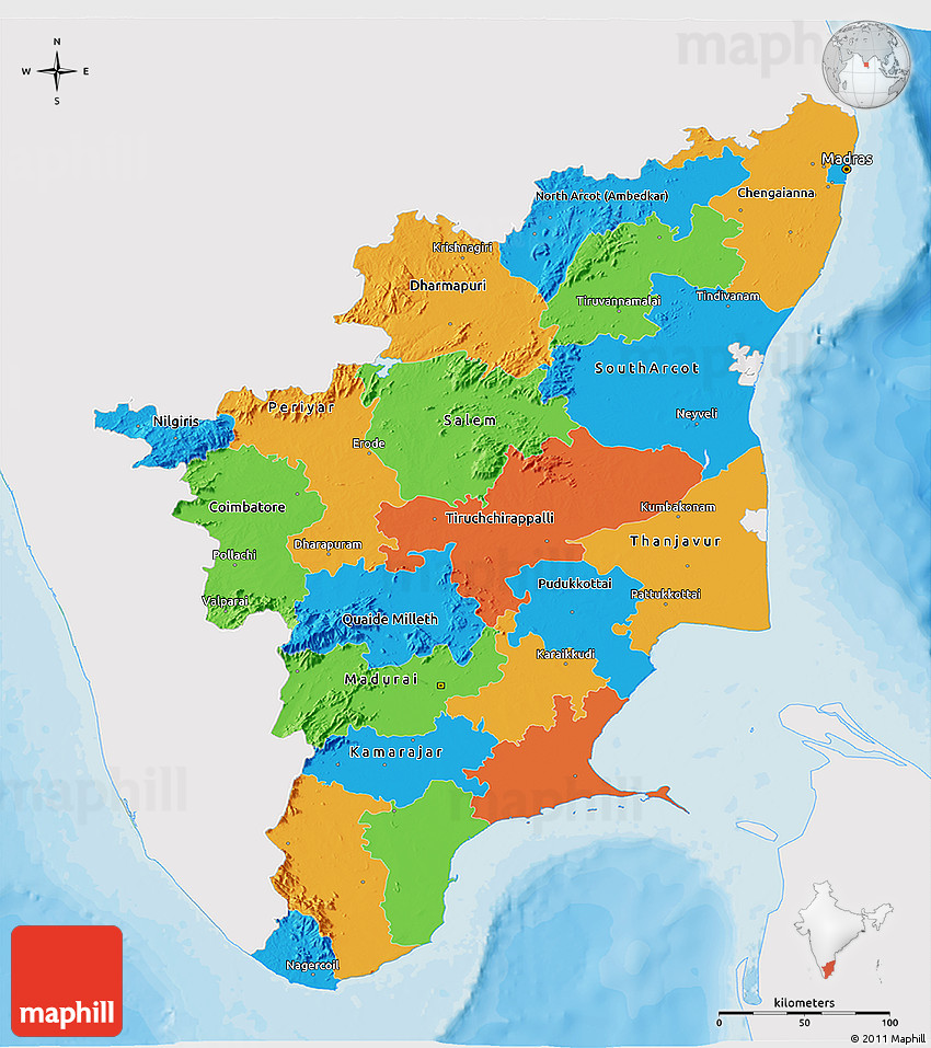 Political 3D Map of Tamil Nadu, single color outside