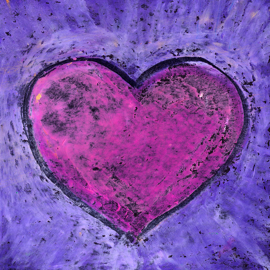 Valentines day. Big pink heart on purple background. Oil pastel. Drawing