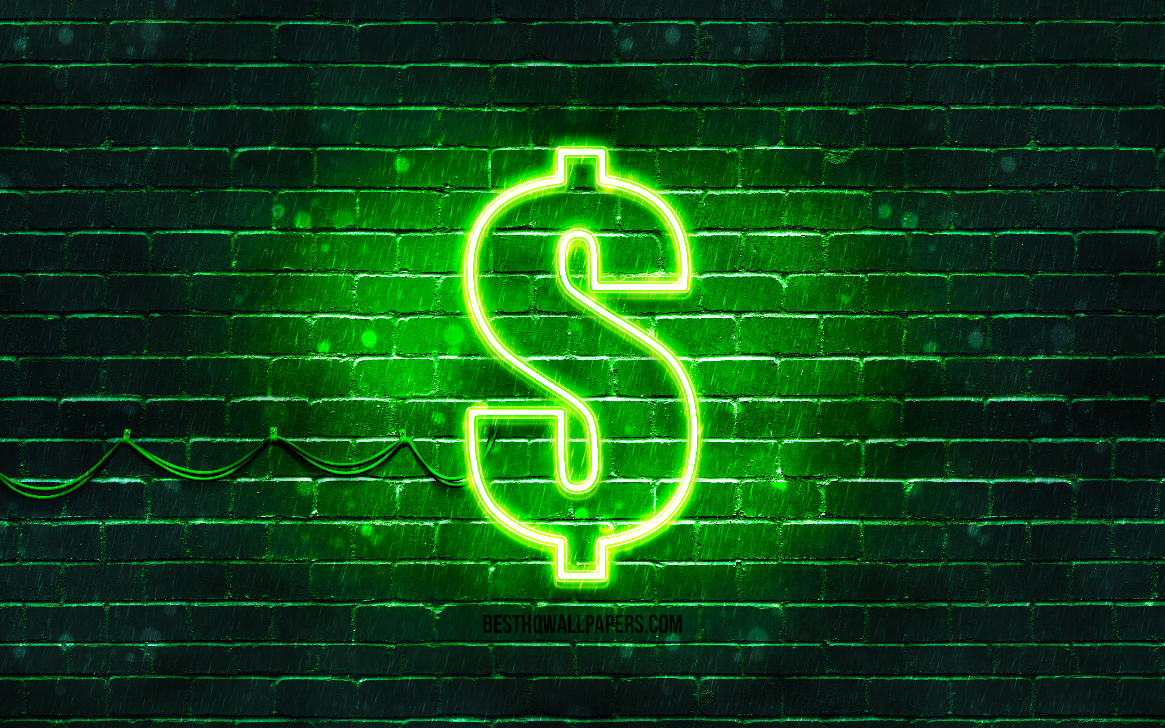 Download wallpaper Dollar green sign, 4k, green brickwall, Dollar sign, currency signs, Dollar neon sign, Dollar for desktop with resolution 3840x2400. High Quality HD picture wallpaper