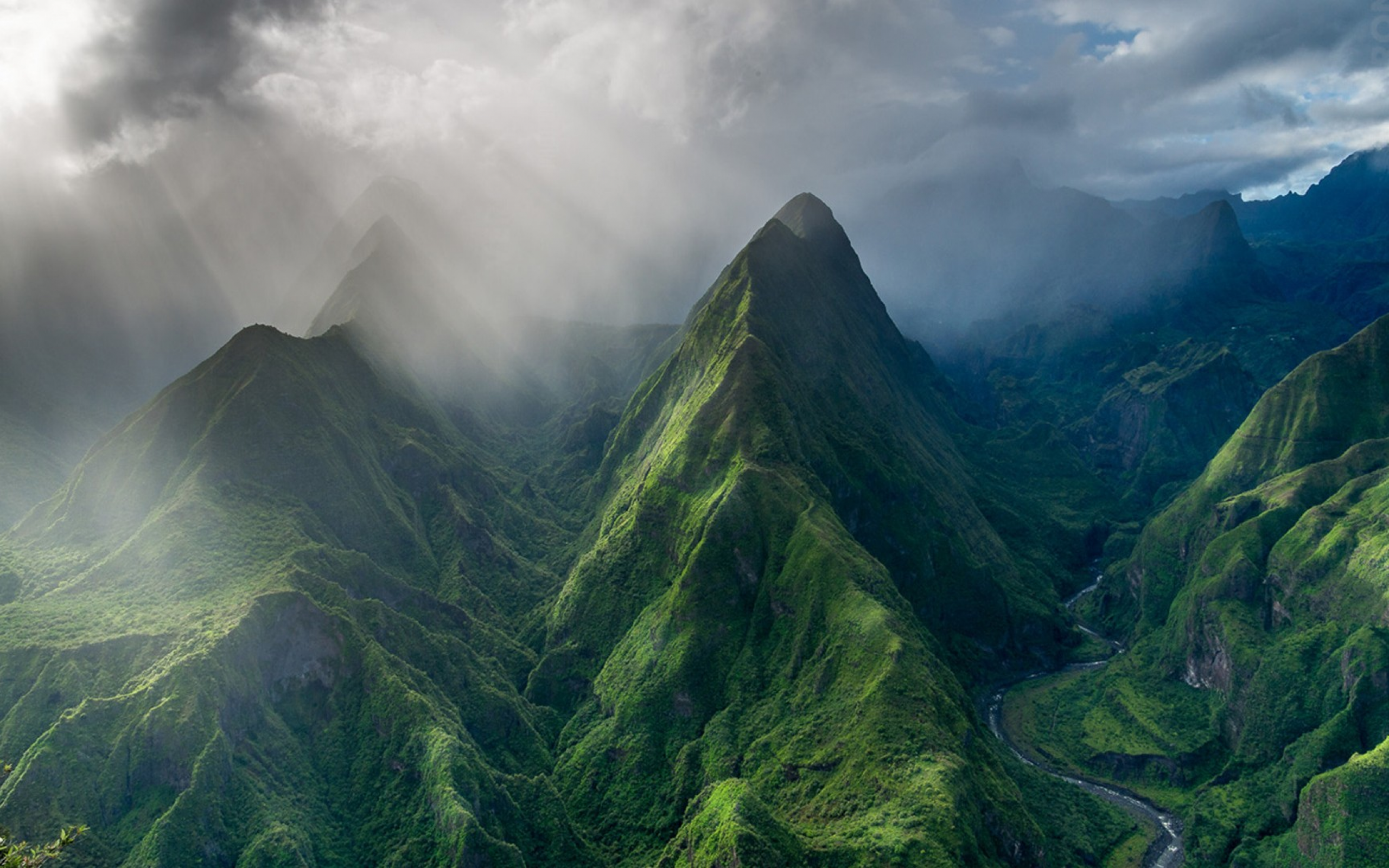 Download 2560x1600 reunion island, mountains, clouds, photography, island, valley, sun rays, nature, landscape Wallpaper