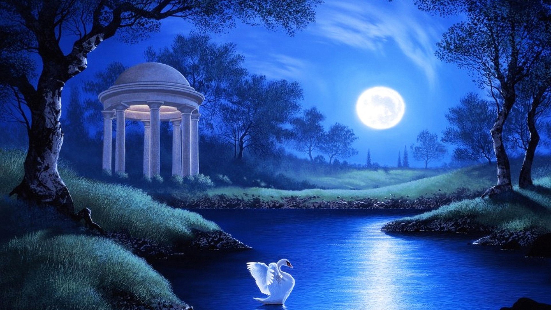 Swan Lake Night Full Moon Trees Grass HD Wallpaper, Wallpaper13.com