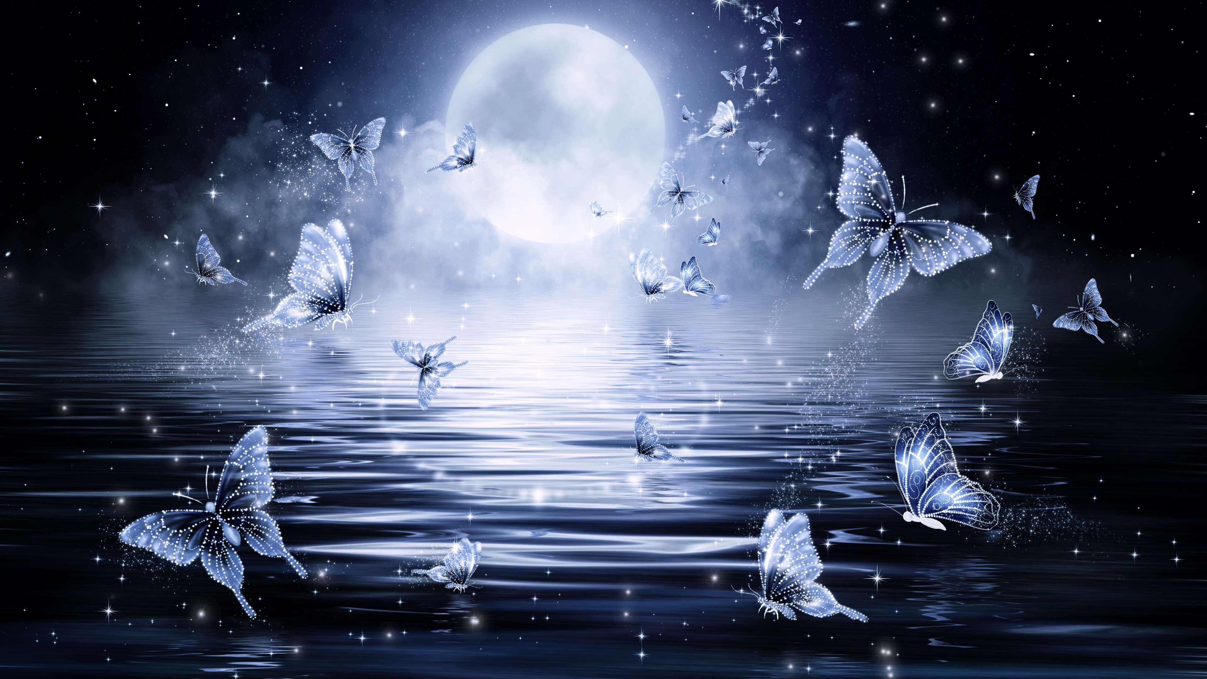 Butterflies Wallpaper 4K, Stars, Moon, Night, Water, Dark background, Graphics CGI