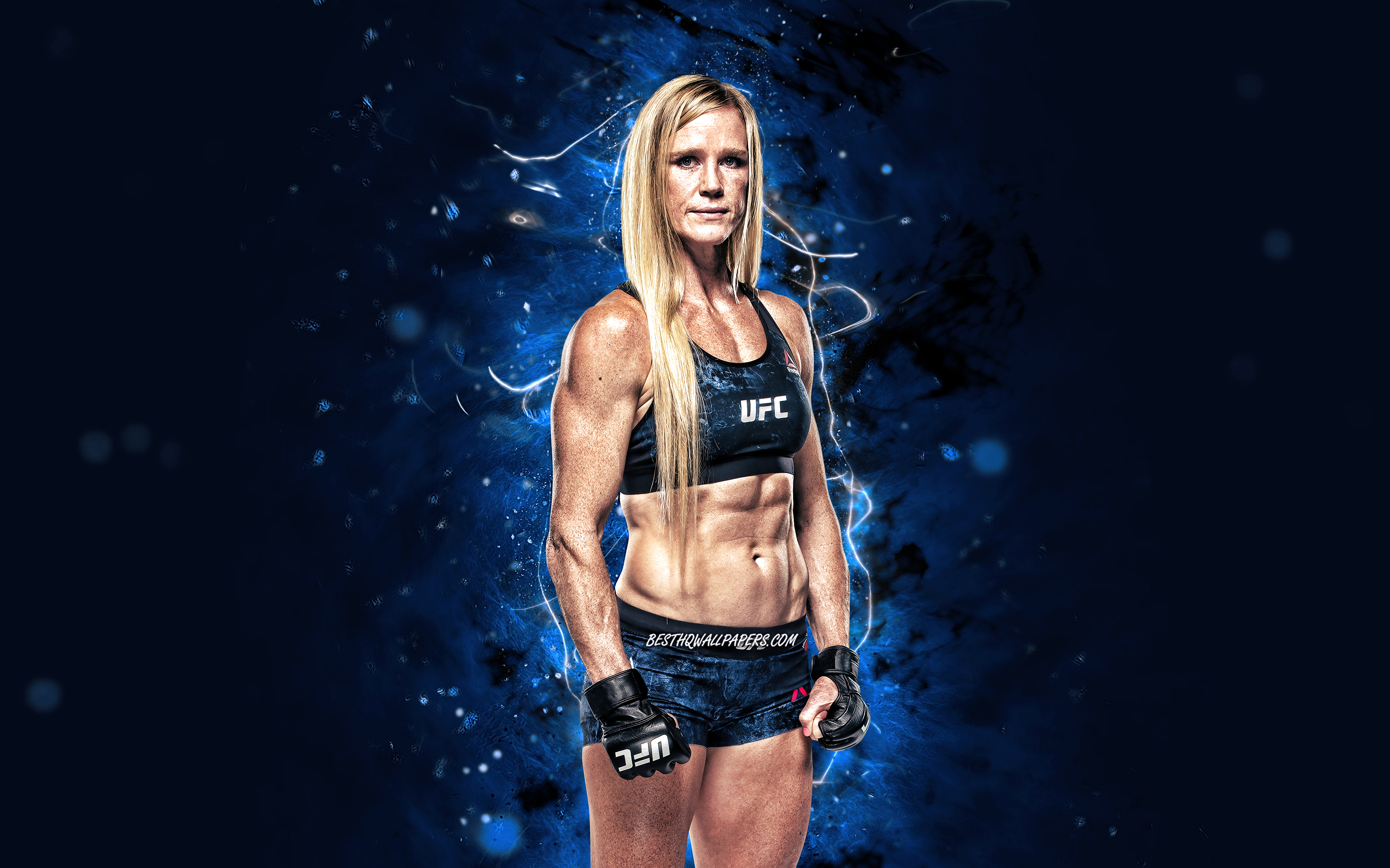 Download wallpaper Holly Holm, 4k, blue neon lights, american fighters, MMA, UFC, Mixed martial arts, Holly Holm 4K, UFC fighters, MMA fighters for desktop with resolution 3840x2400. High Quality HD picture wallpaper